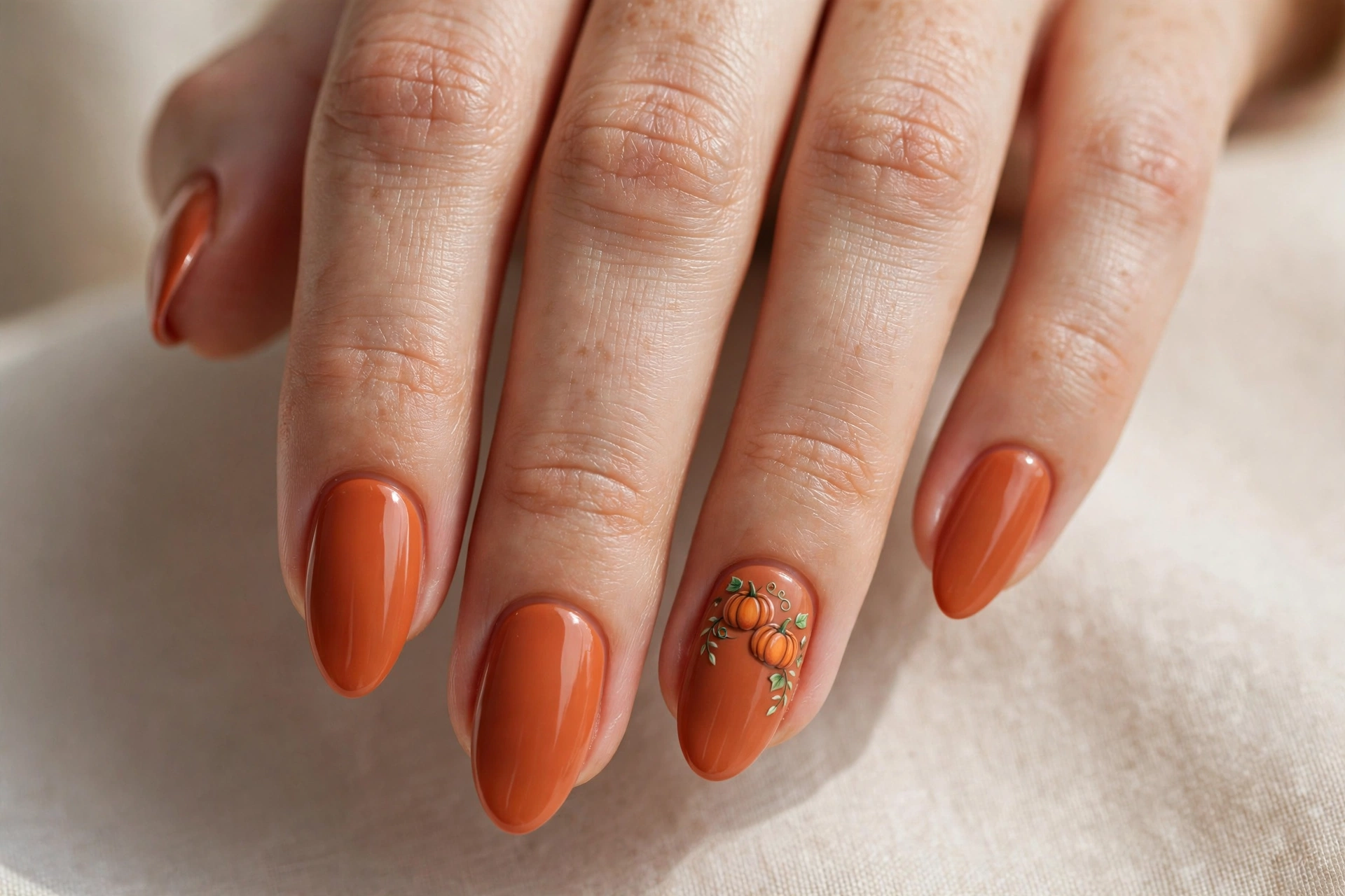 Terracotta orange manicure with tiny hand-painted pumpkin nail art