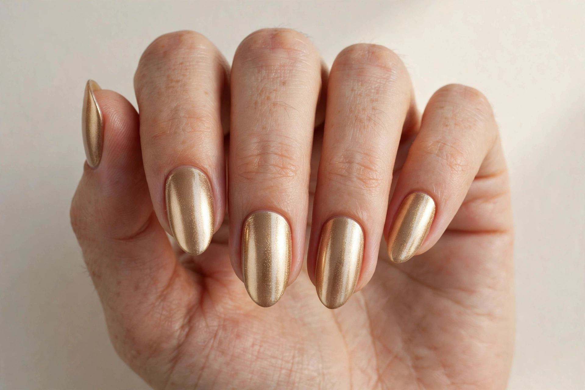 Champagne gold metallic manicure on almond nails