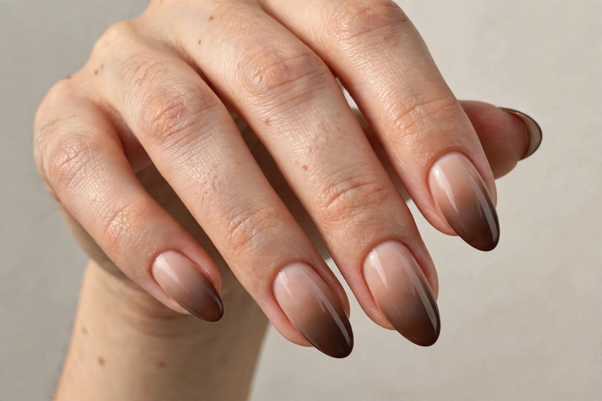 Mocha brown French ombré nails fading from nude to dark brown tips