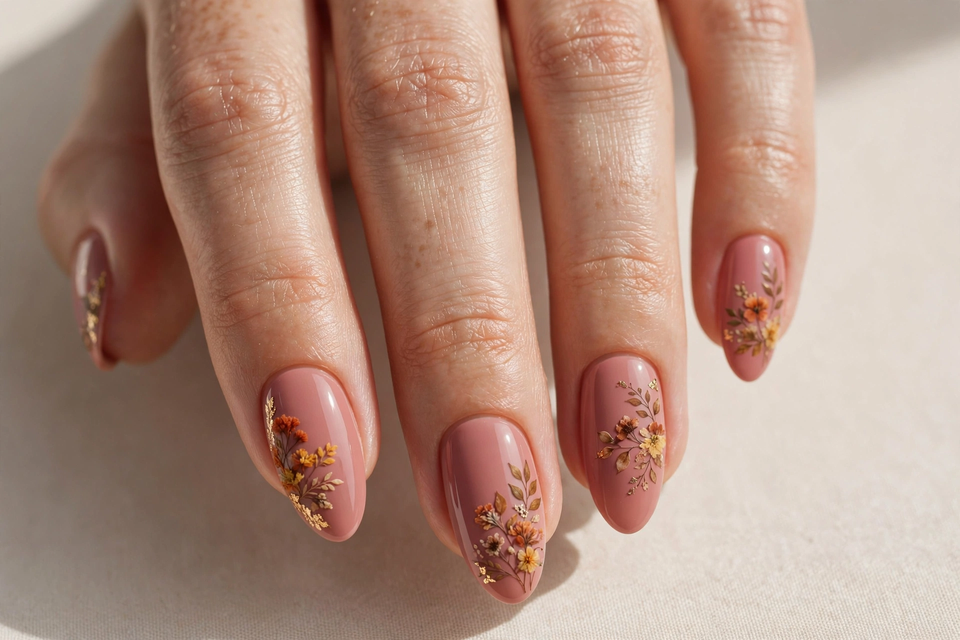 Dusty rose manicure with delicate autumn floral nail art