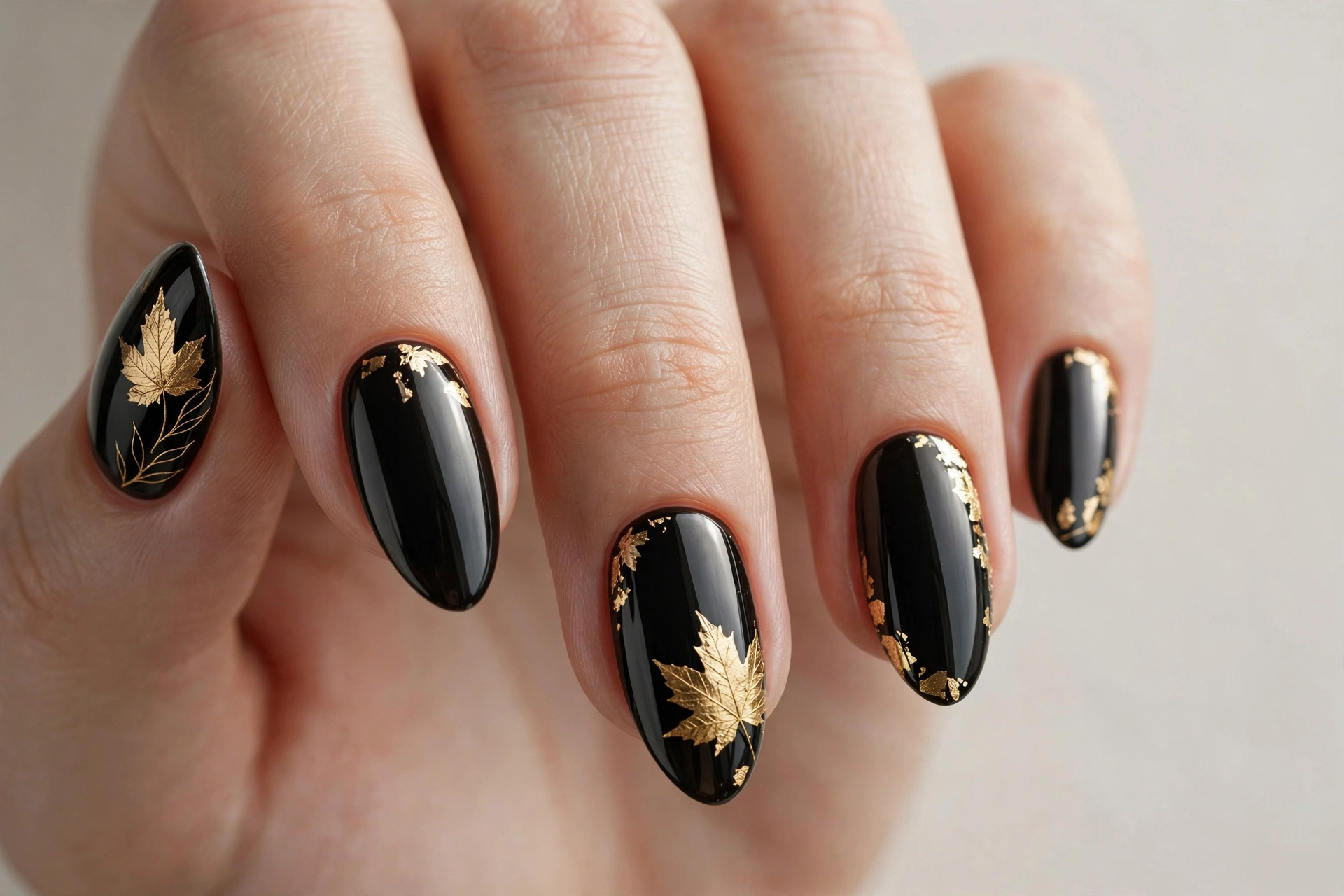 Glossy black manicure with elegant gold foil autumn leaf accents