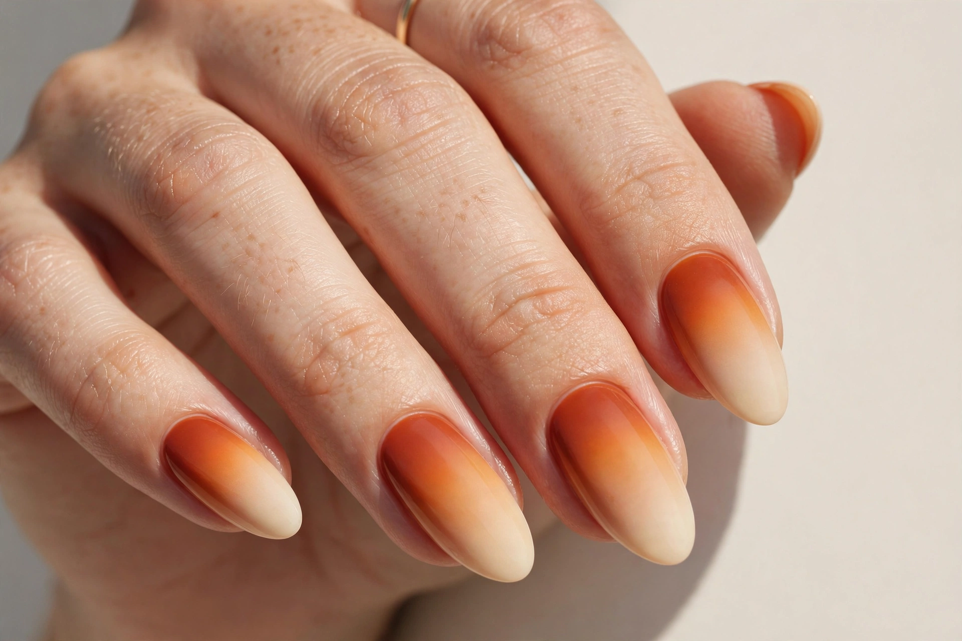 Sunset ombre nails fading from burnt orange to creamy nude