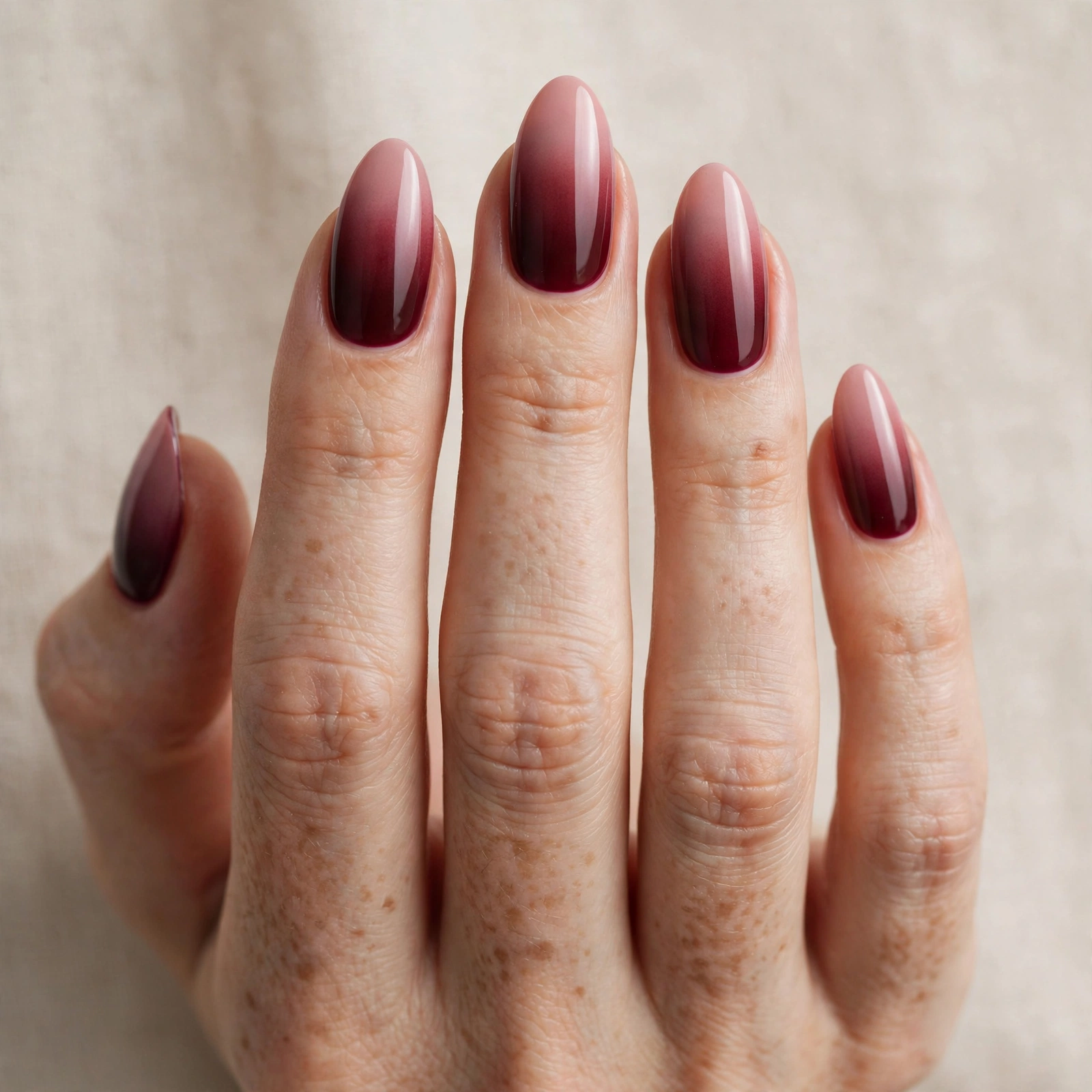 Burgundy wine ombre nails blending into soft blush pink