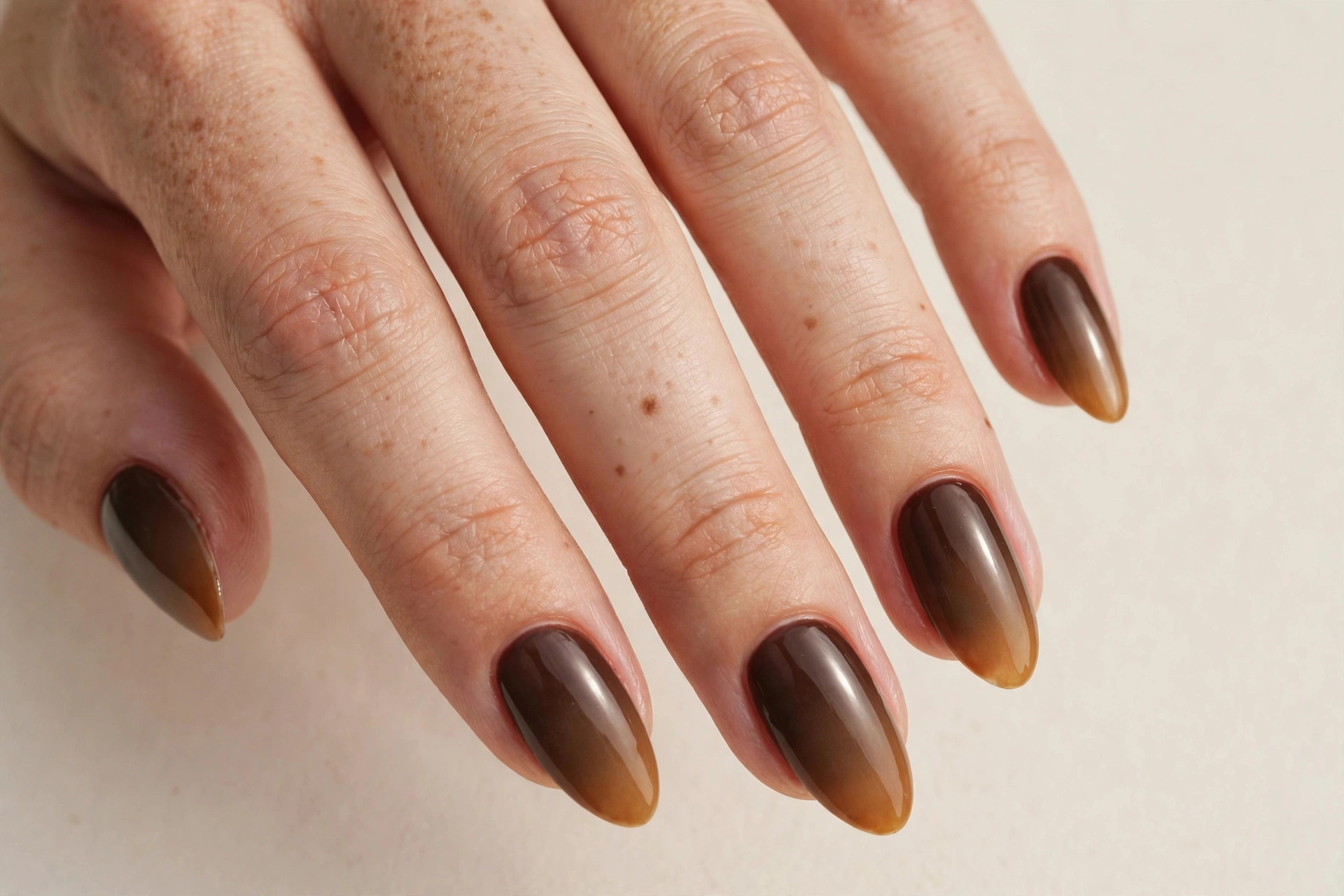 Chocolate caramel ombre nails fading from brown to caramel