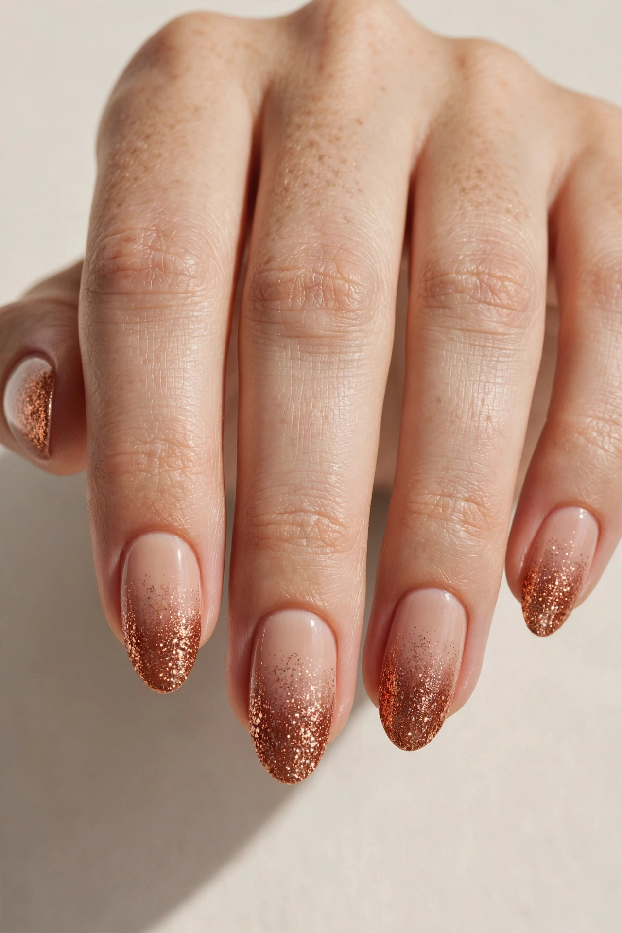 Copper glitter ombre nail tips over a nude base
