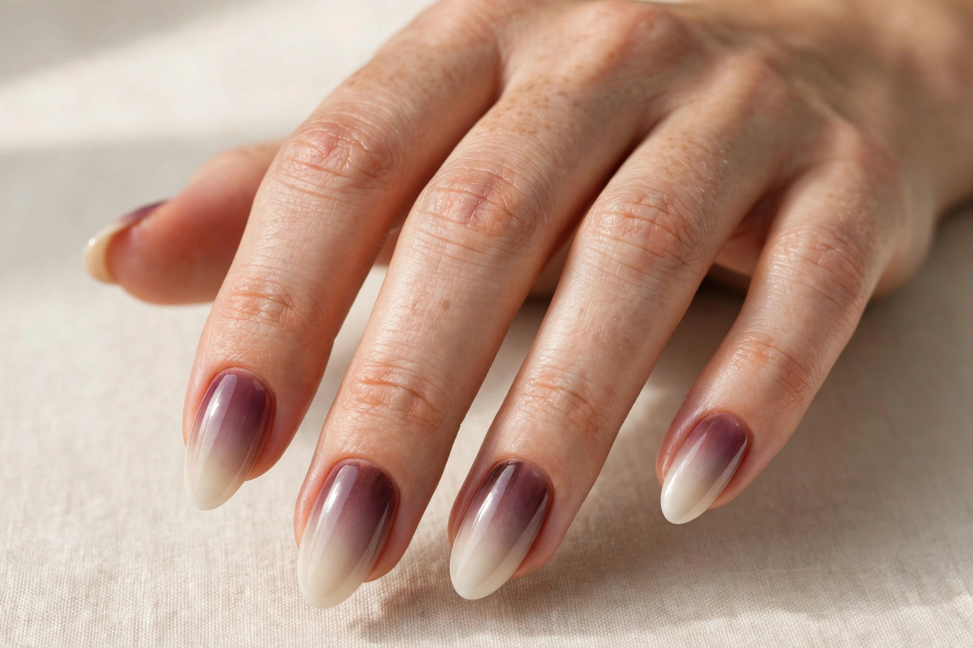 Rosewood ombre nails blending mauve into ivory cream