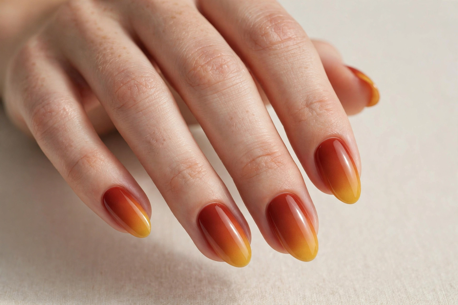 Autumn leaf ombre nails fading from rust red to golden yellow