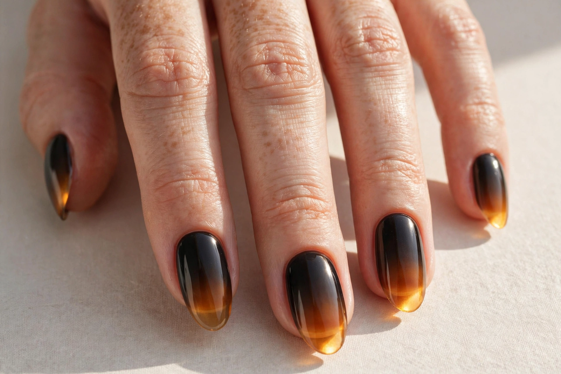 Midnight amber ombre nails blending black into glowing amber