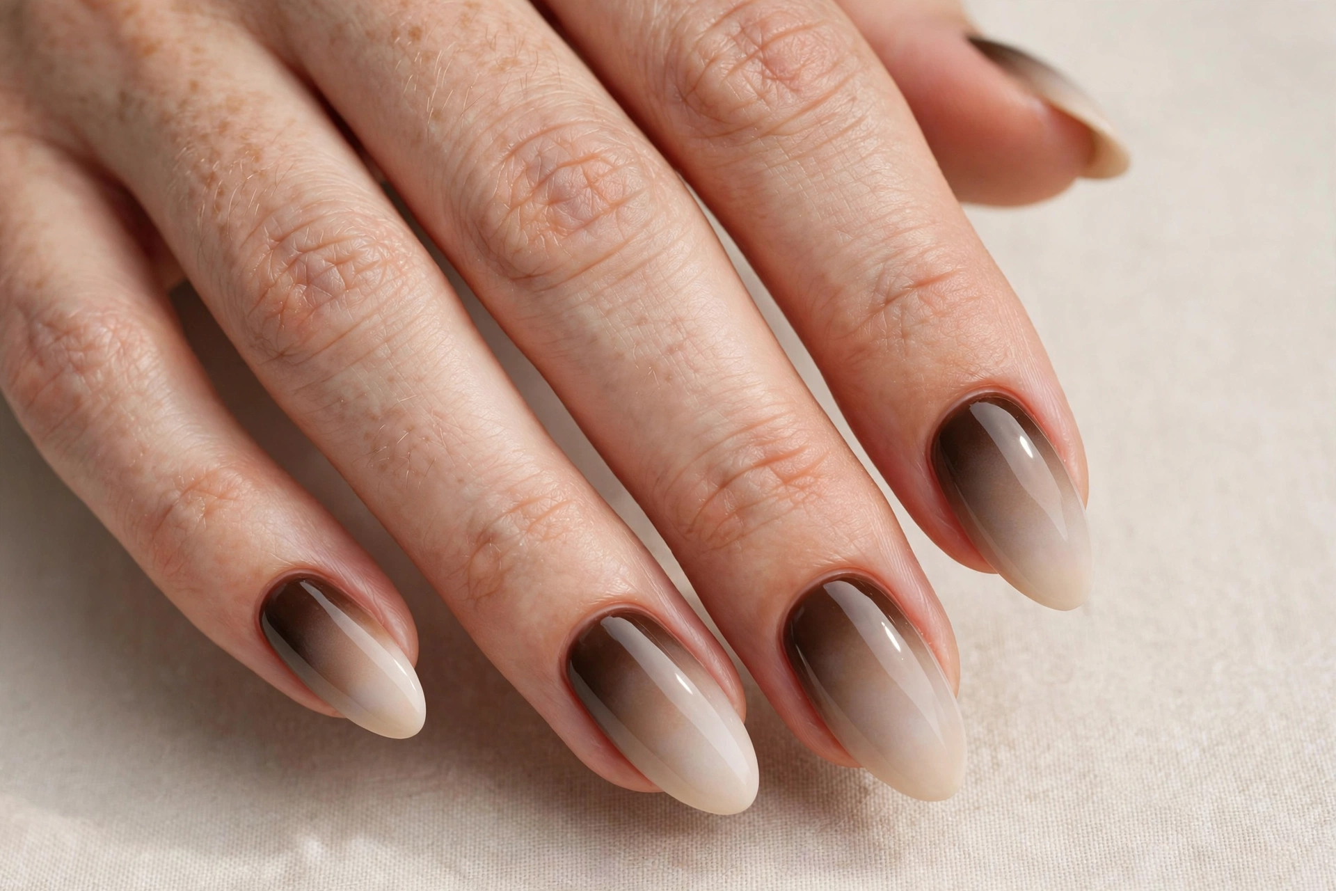 Espresso latte ombre nails fading from dark brown to milky nude