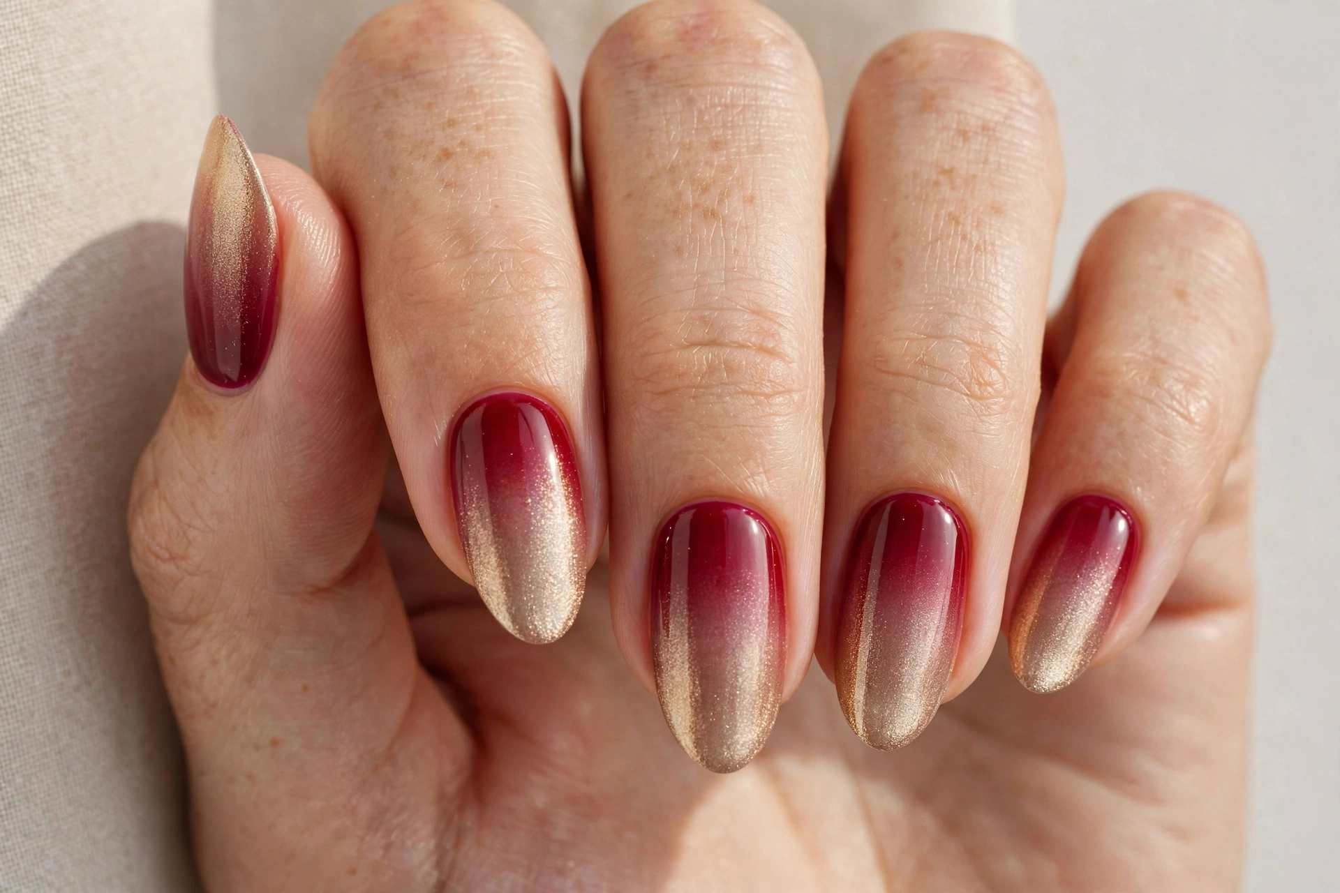 Cranberry champagne ombre nails with golden shimmer tips