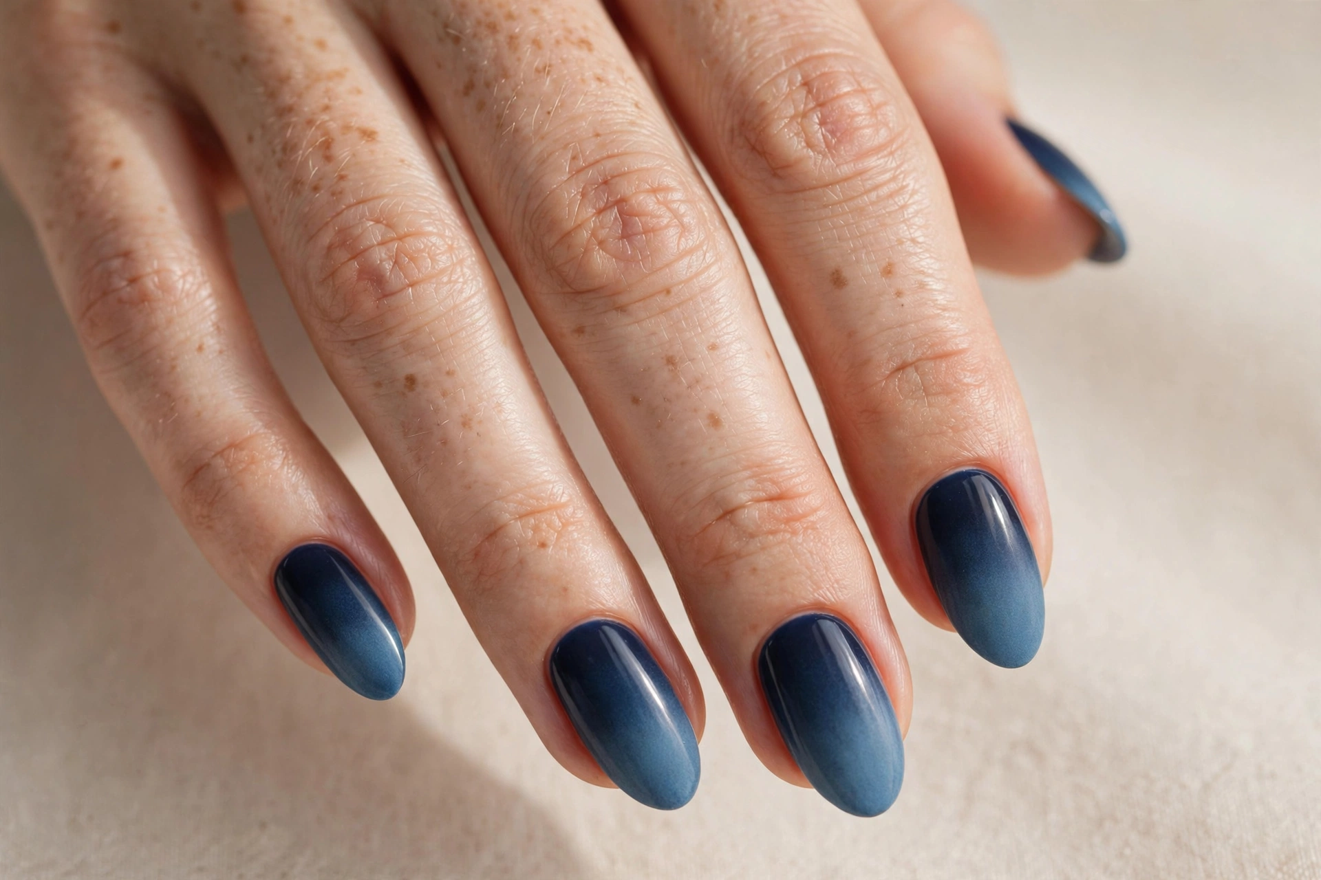 Autumn sky ombre nails fading from navy to denim blue