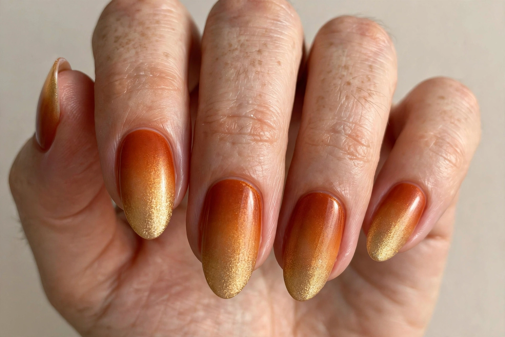 Pumpkin spice ombre nails with shimmer gold tips