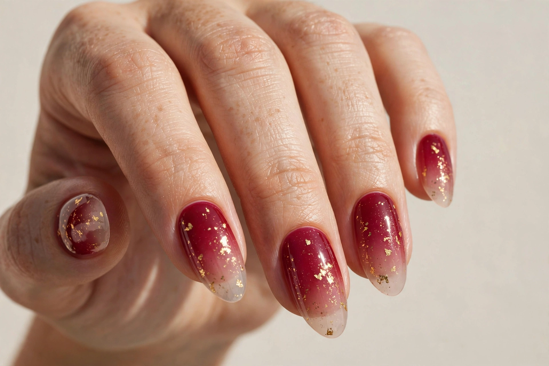 Ruby red to nude ombre nails with delicate gold flecks