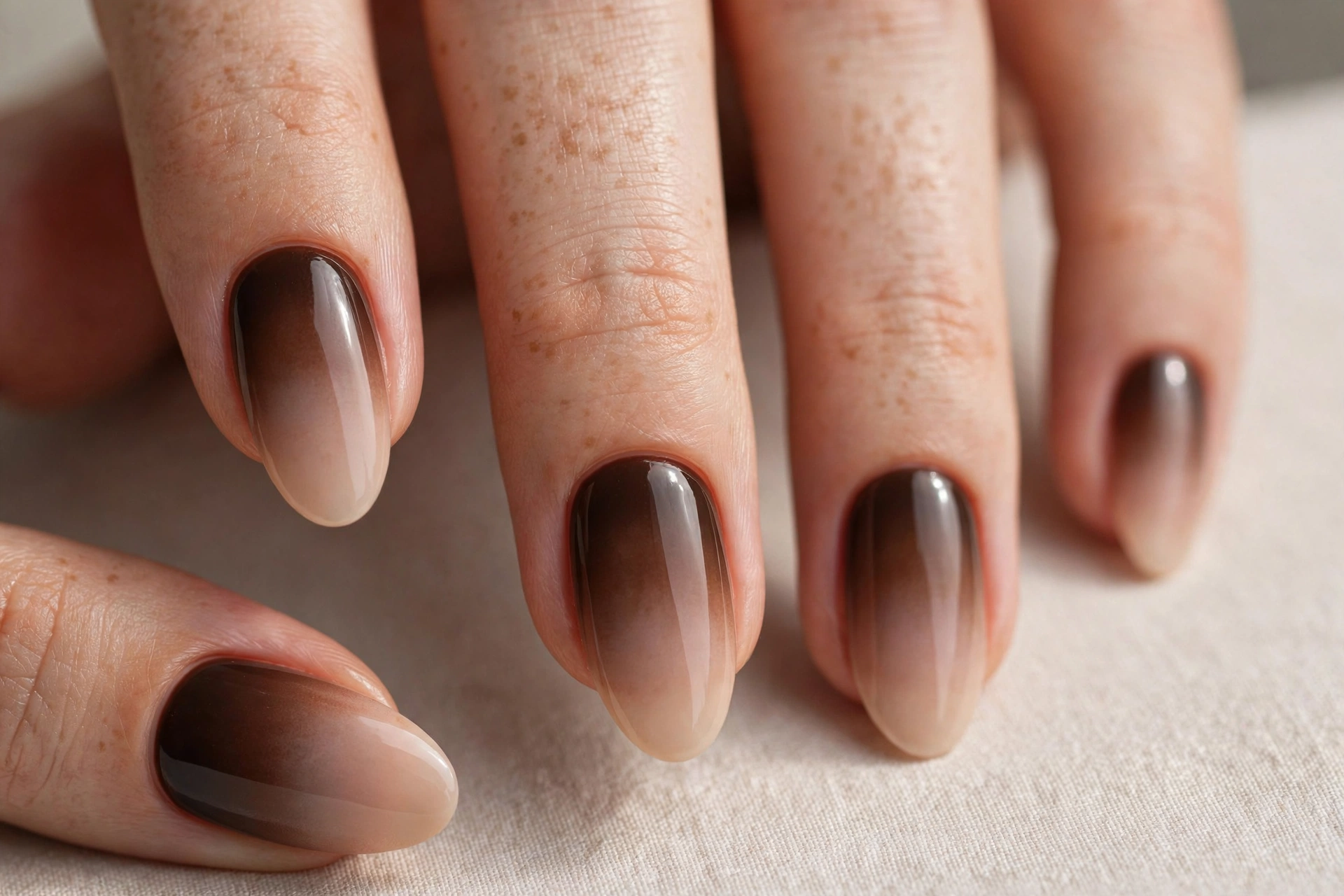 Espresso French ombre nails with brown to nude gradient