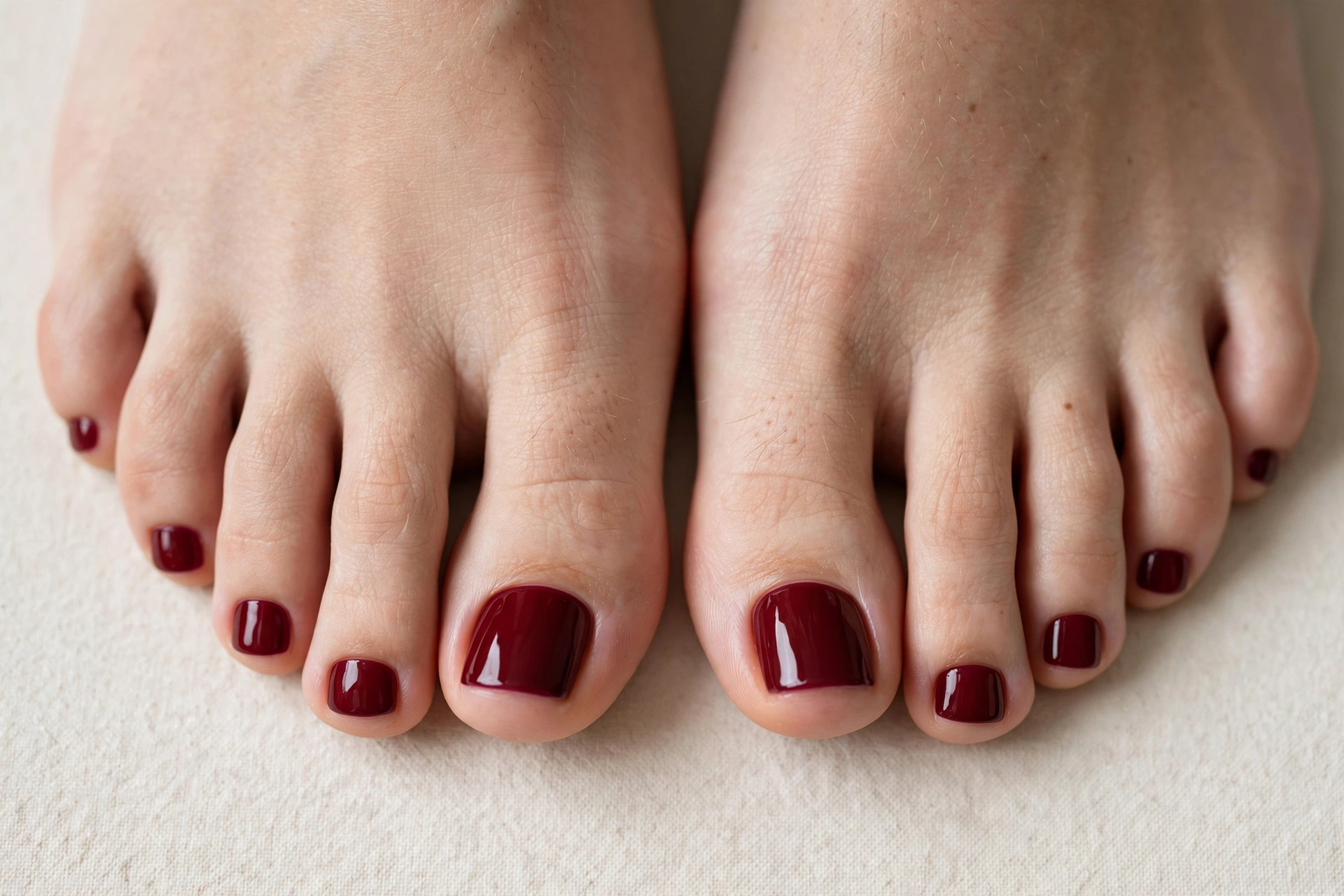 Deep burgundy red pedicure on toe nails