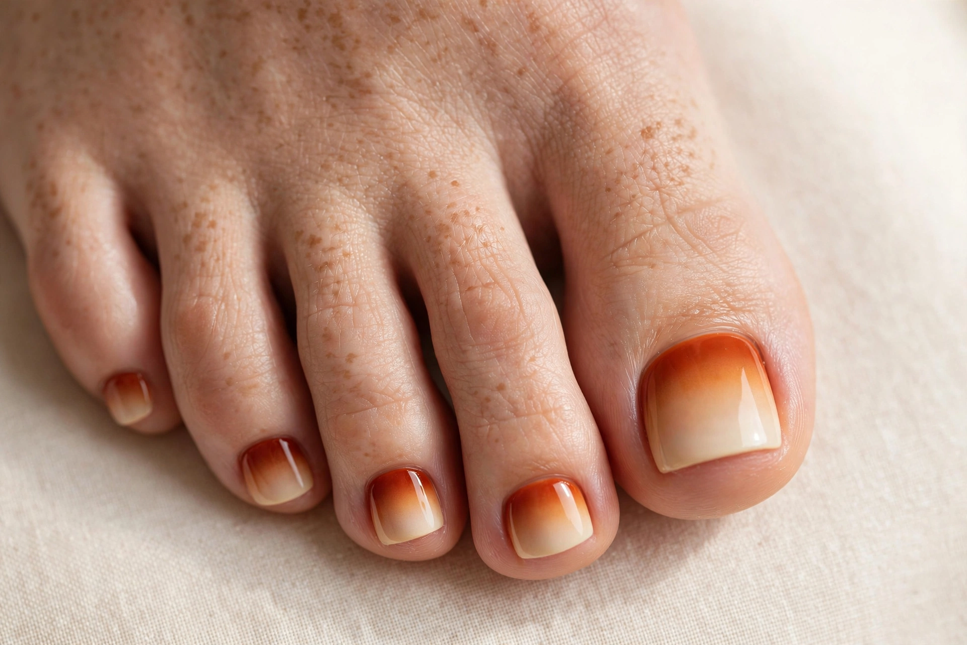 Pumpkin spice ombre pedicure fading from orange to cream on toe nails