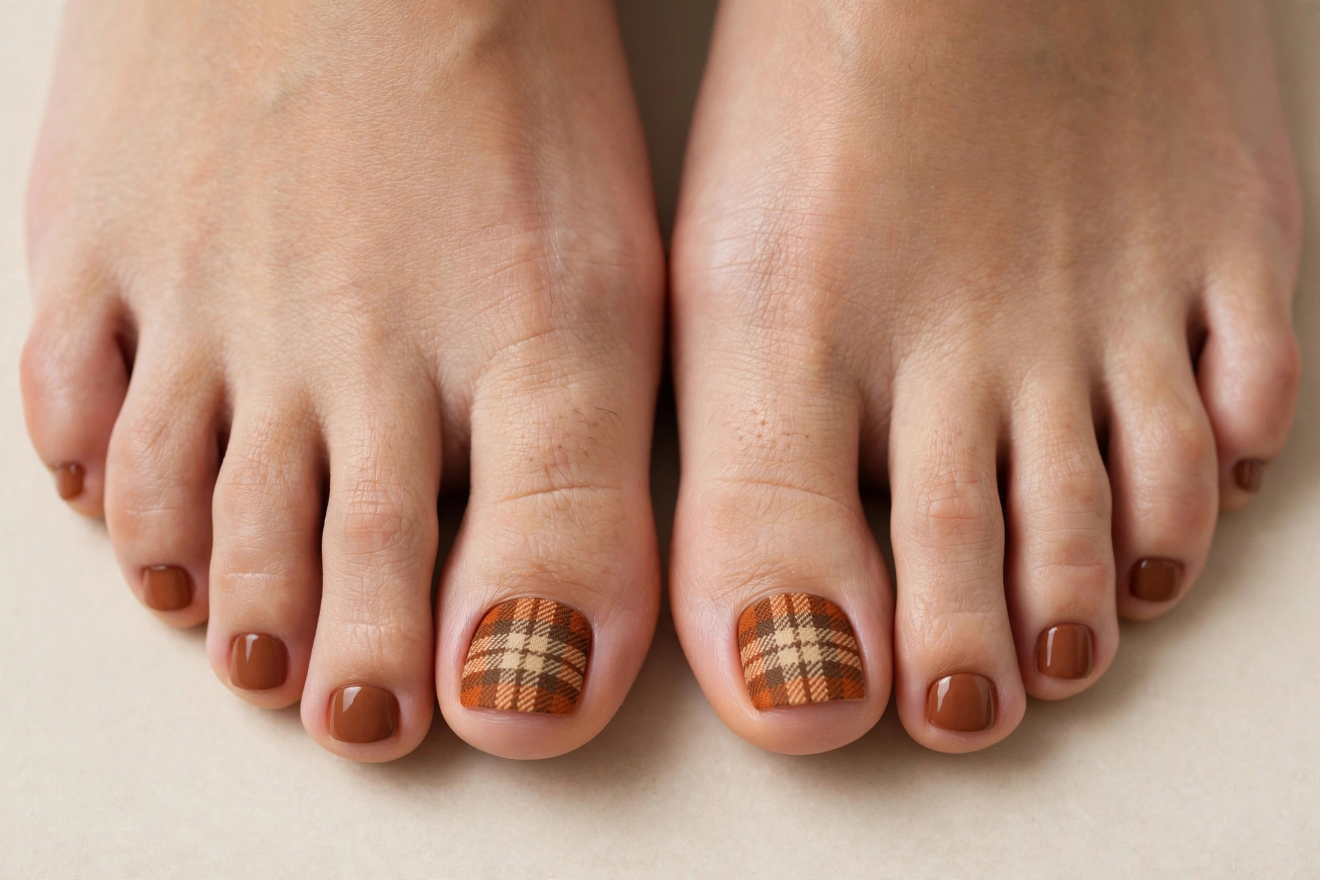 Autumn plaid pattern pedicure on big toes with solid brown on other toes