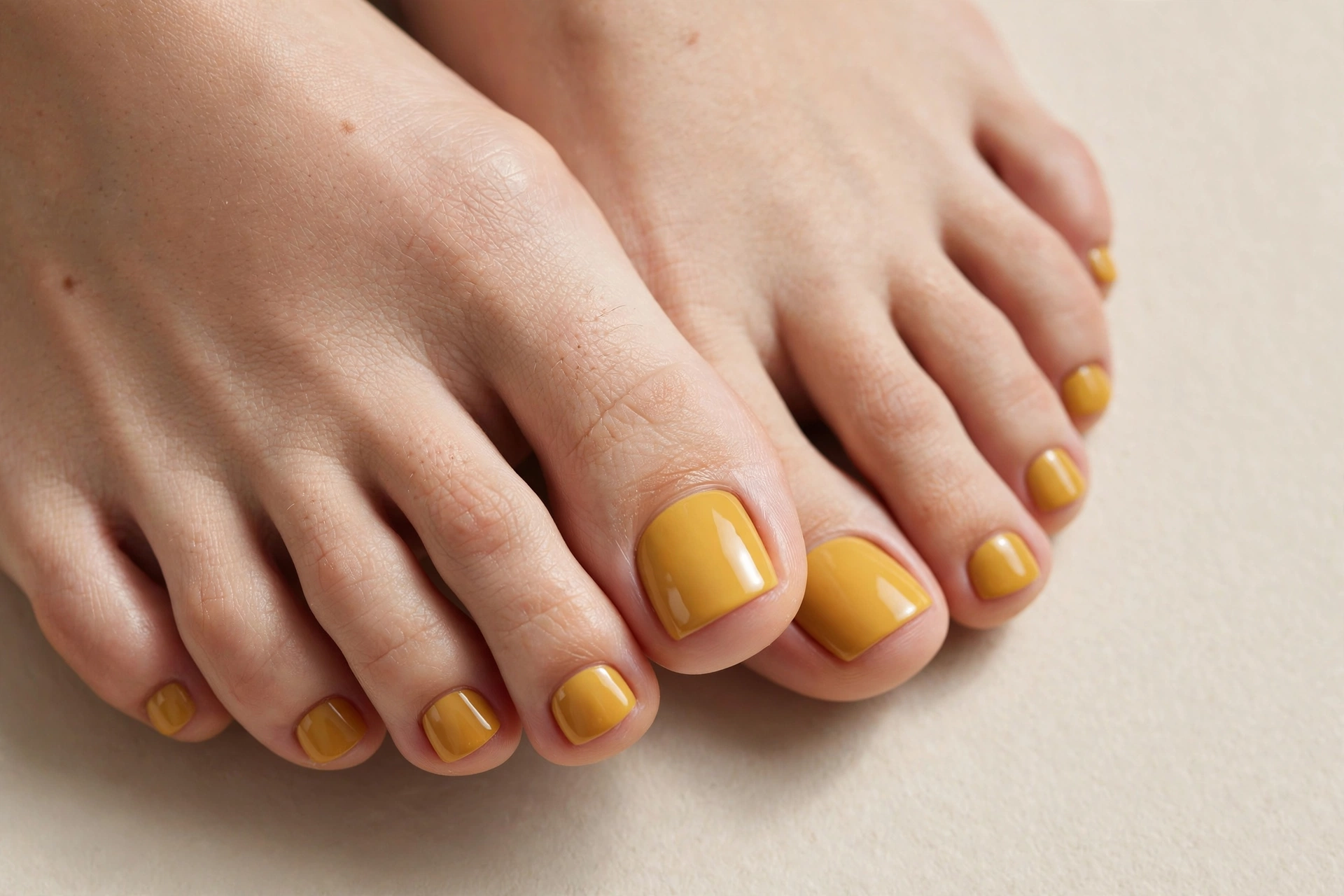 Warm mustard yellow pedicure on toe nails