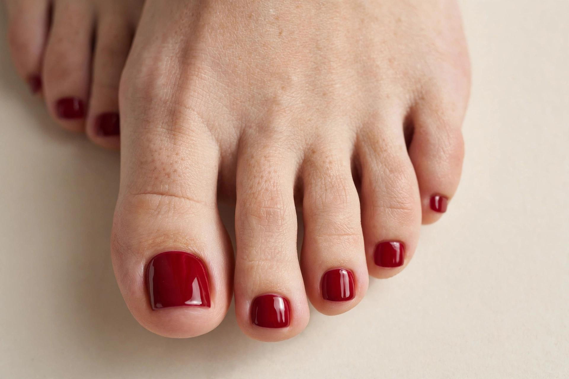 Cranberry red glossy pedicure on toe nails