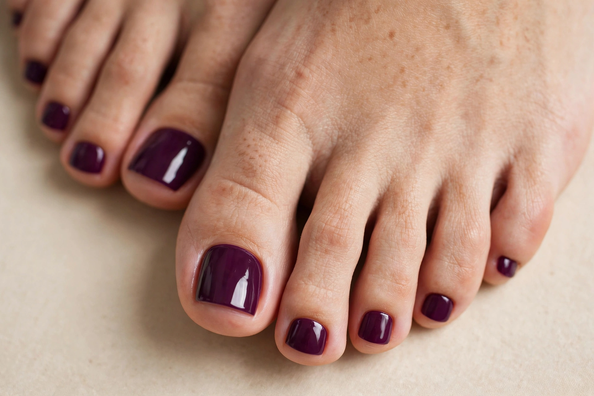 Deep plum purple glossy pedicure on toe nails
