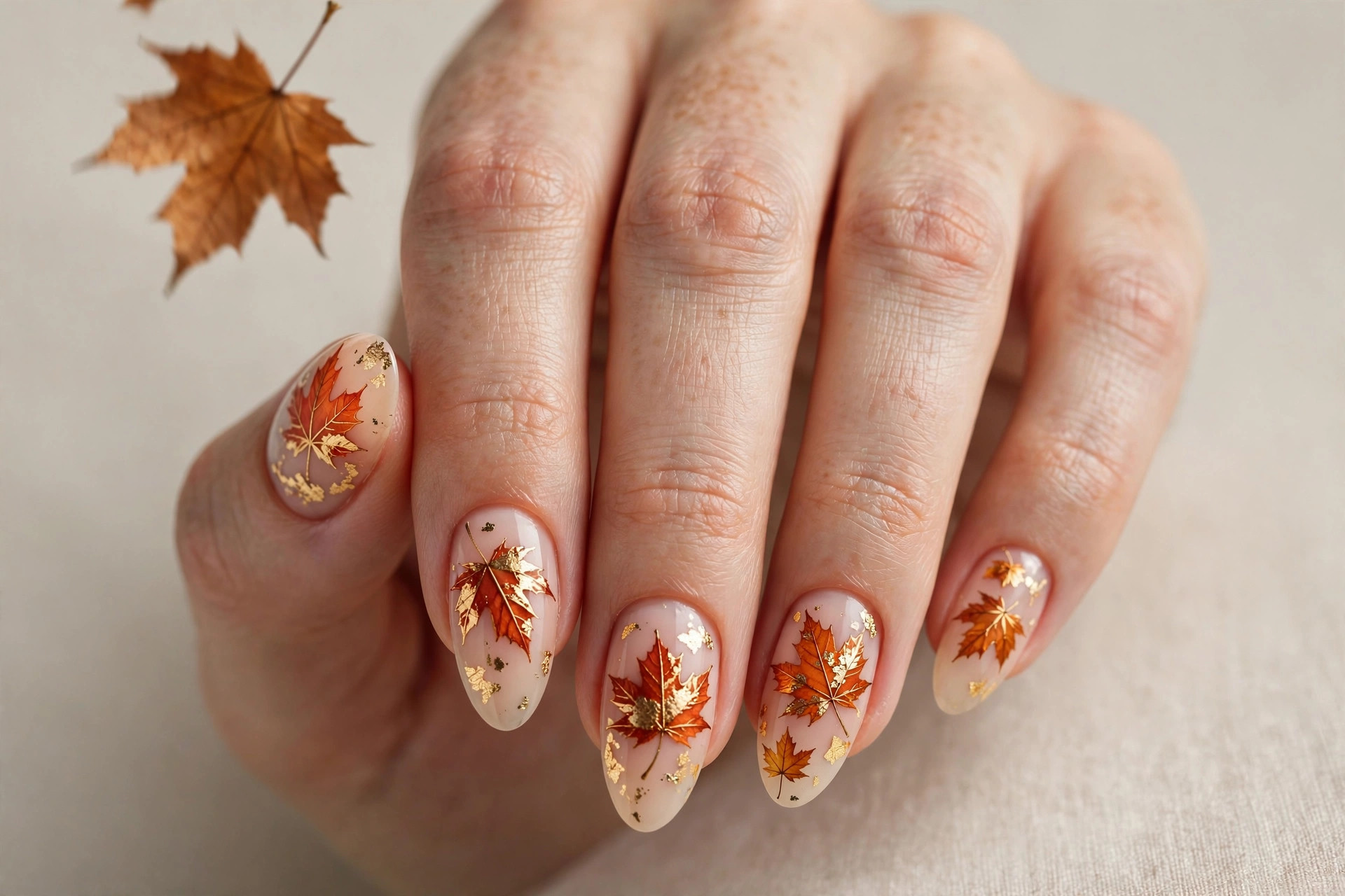 Nude nails with falling maple leaf nail art