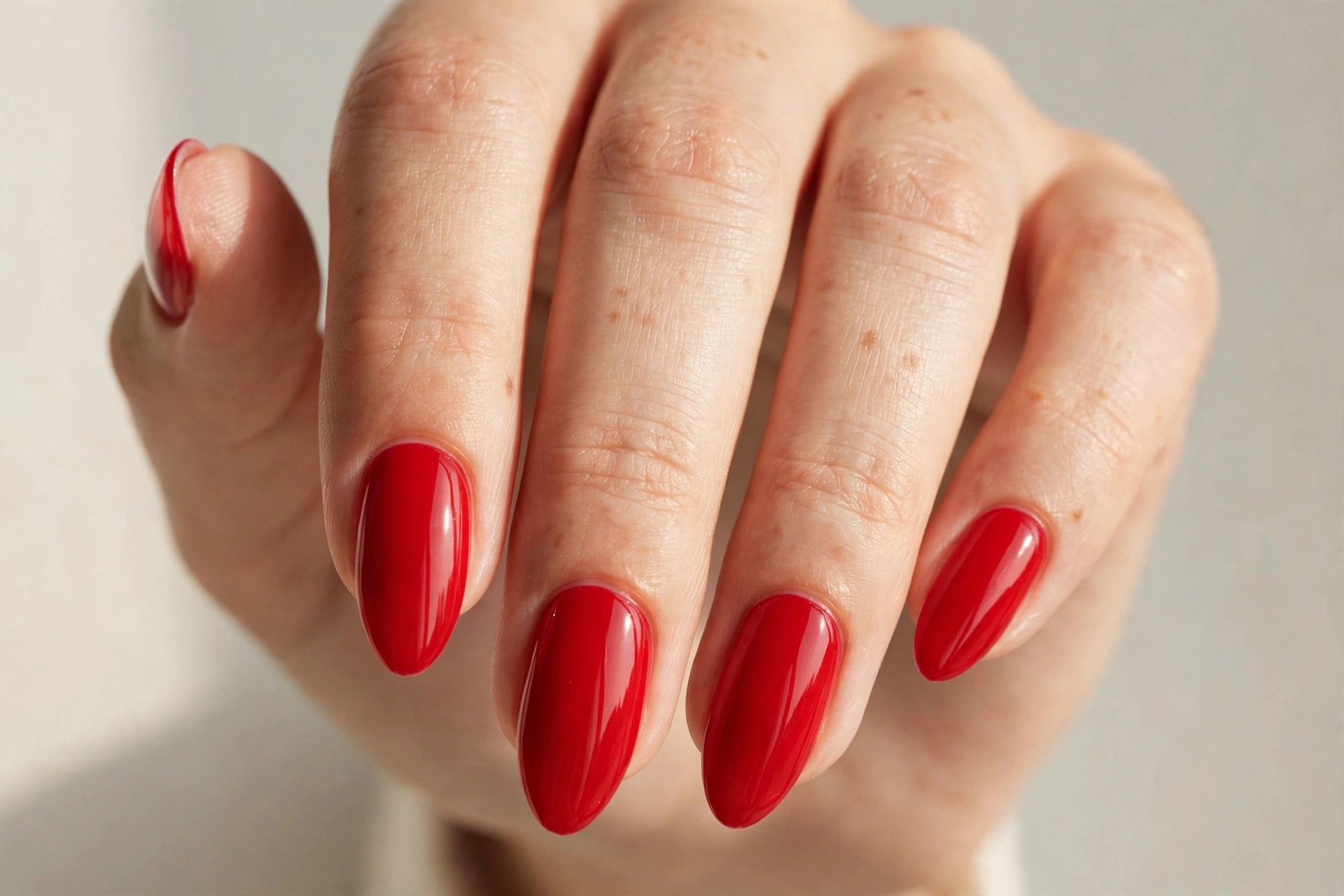 Close-up of a hand with a classic glossy red manicure on almond-shaped nails