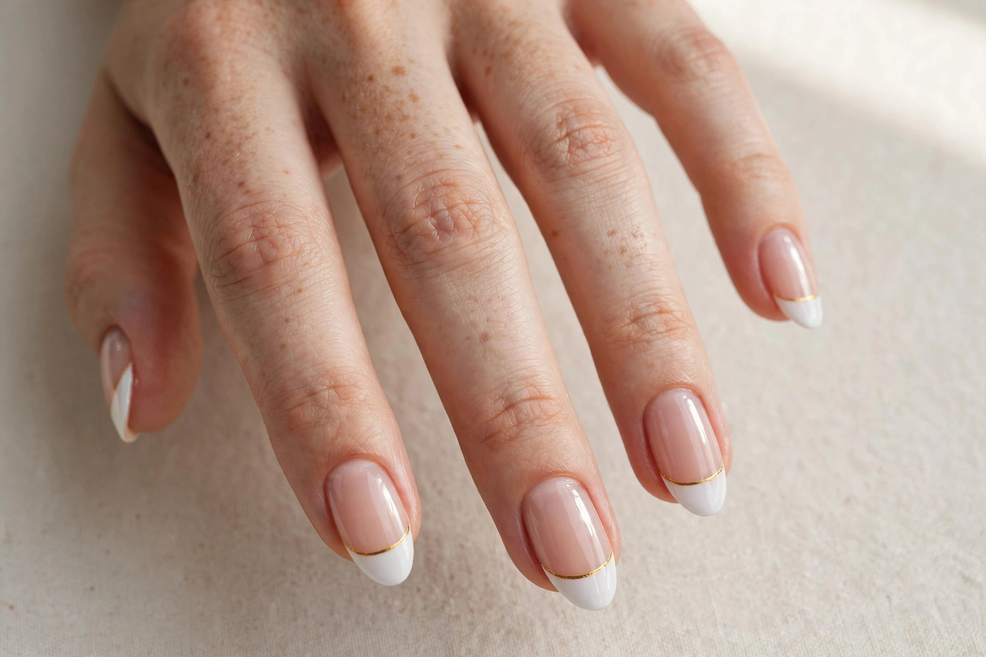Close-up of a hand with French tip manicure finished with a thin gold line