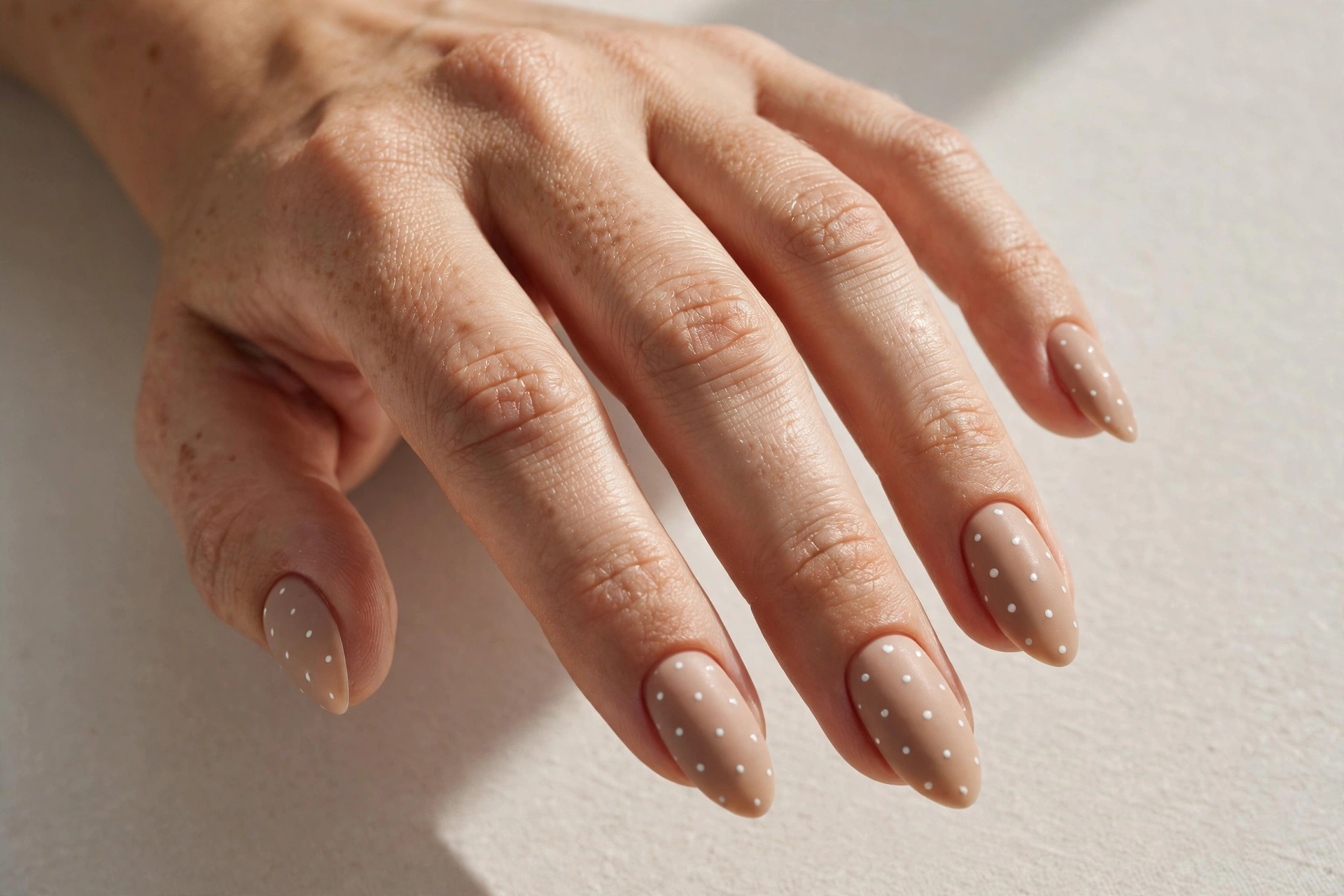 Close-up of a hand with nude matte nails decorated with small white polka dots