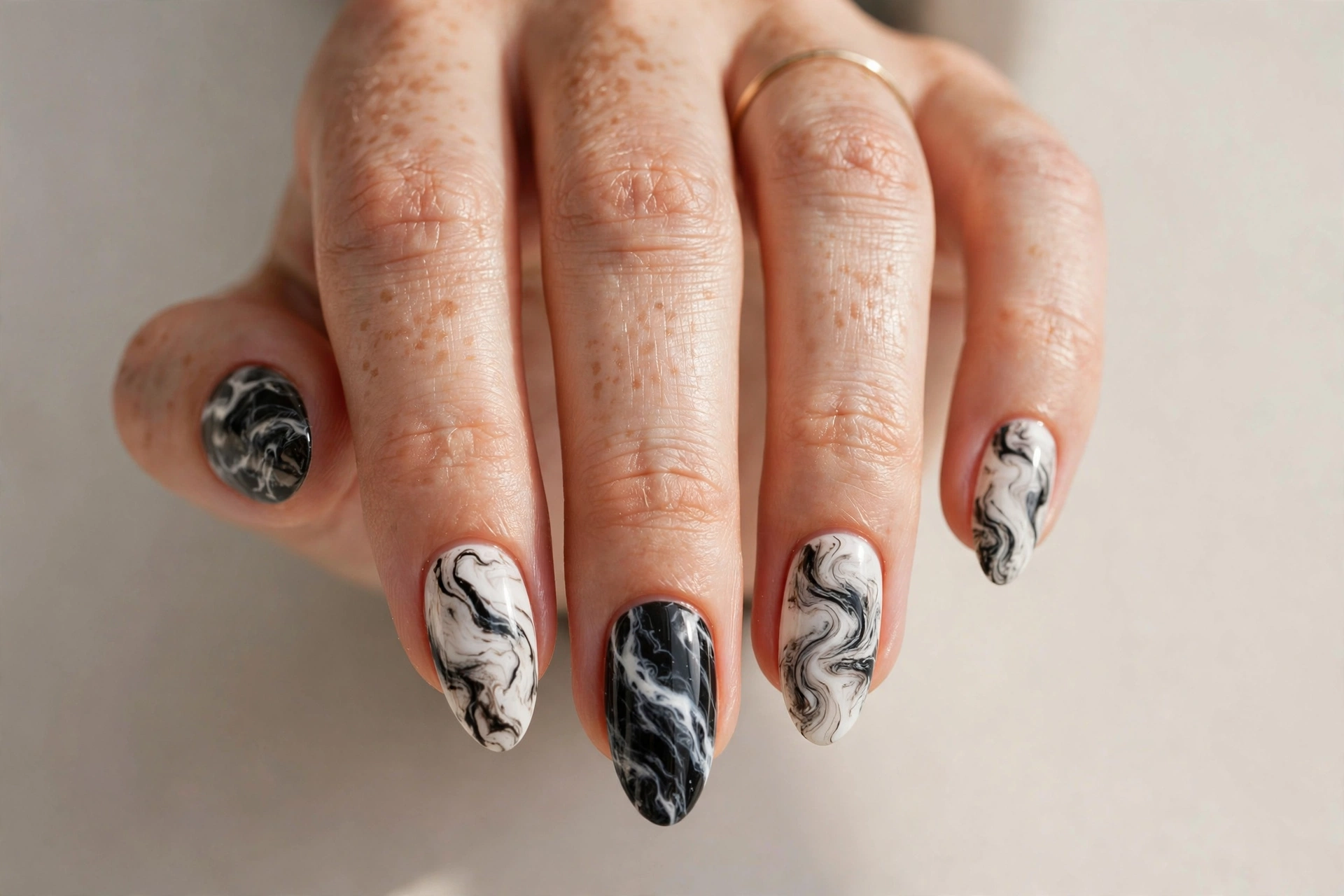 Close-up of a hand with black and white marble effect nail art