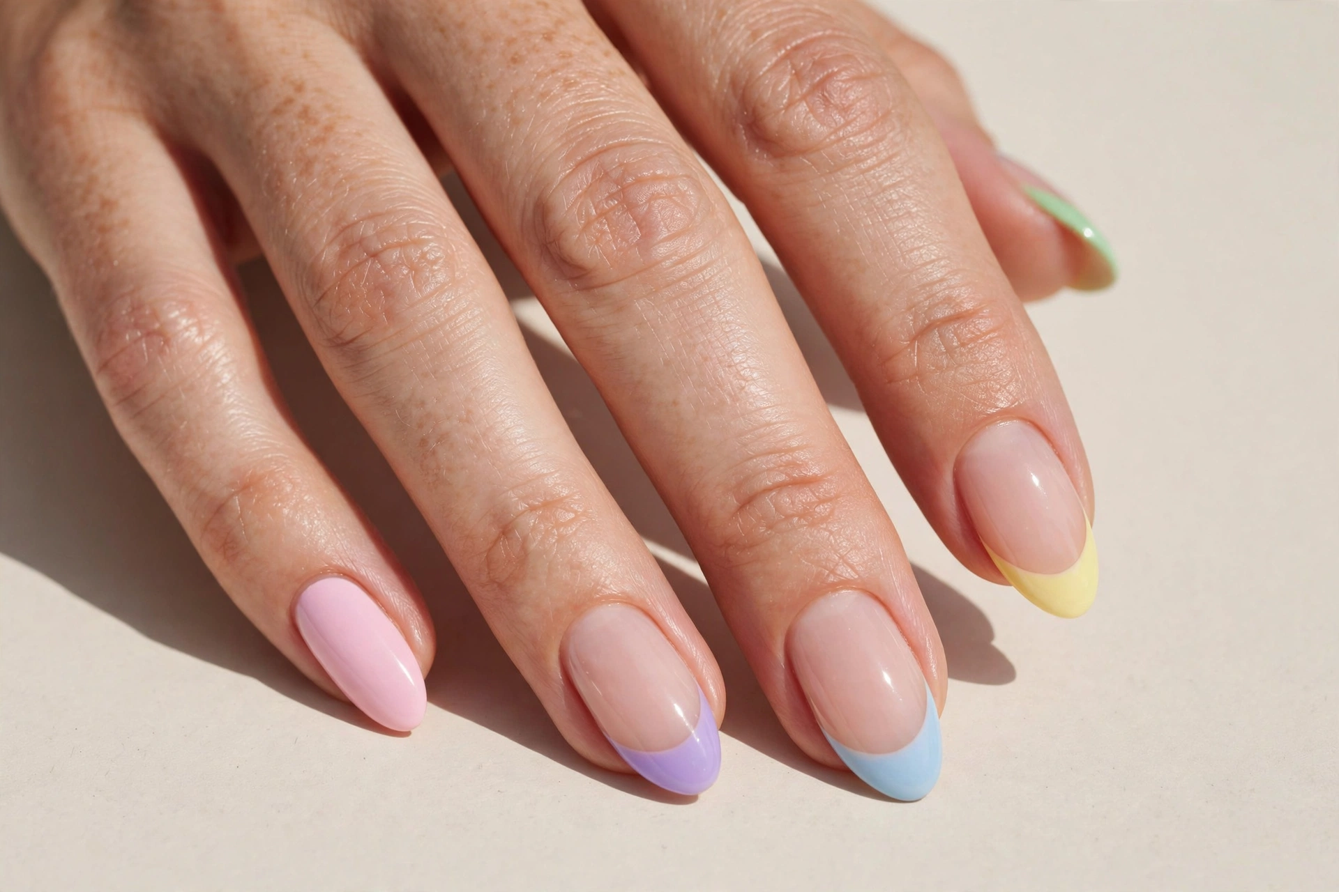 Close-up of a hand with pastel rainbow French tip nail art