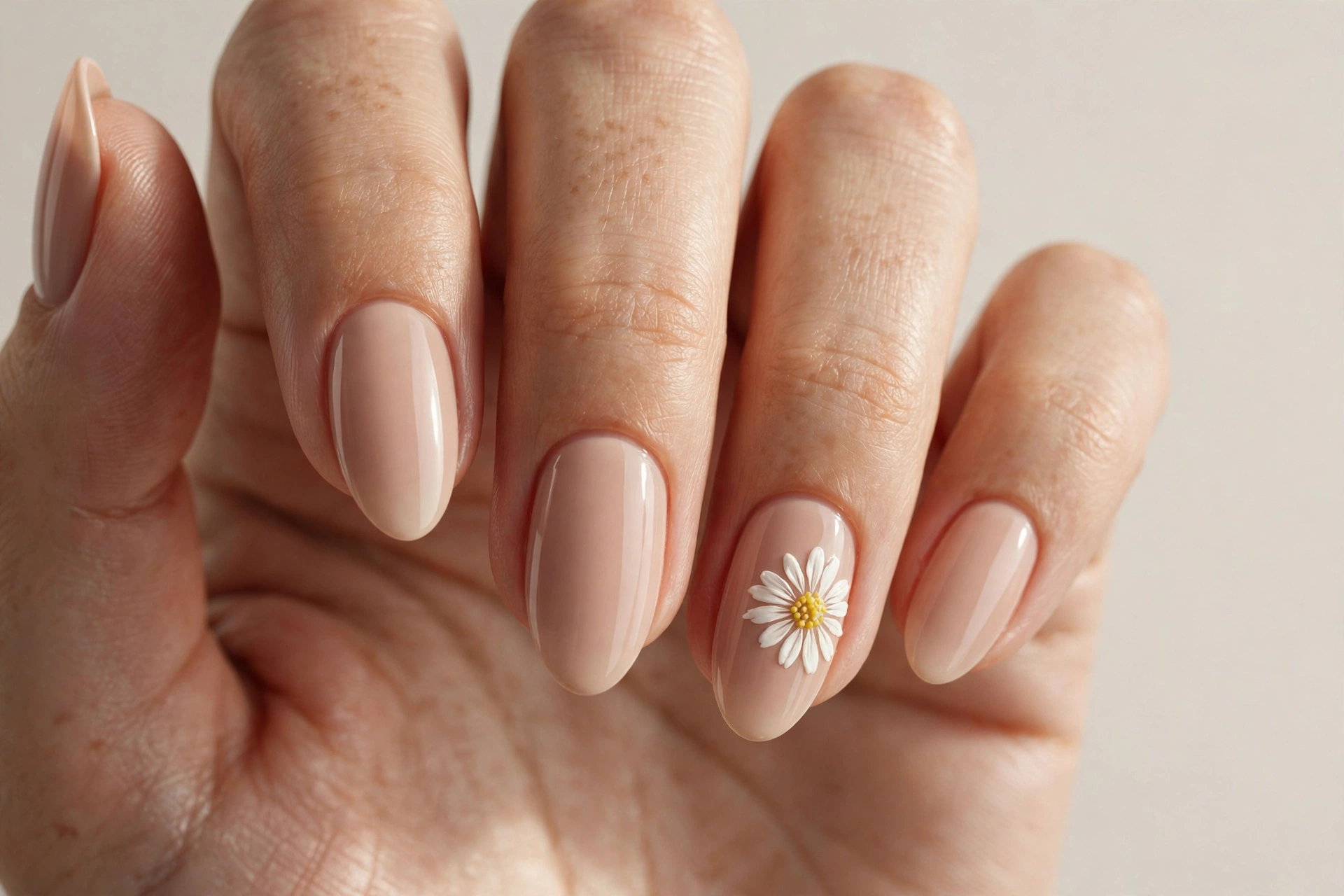 Close-up of a hand with white daisy flower nail art on a nude base