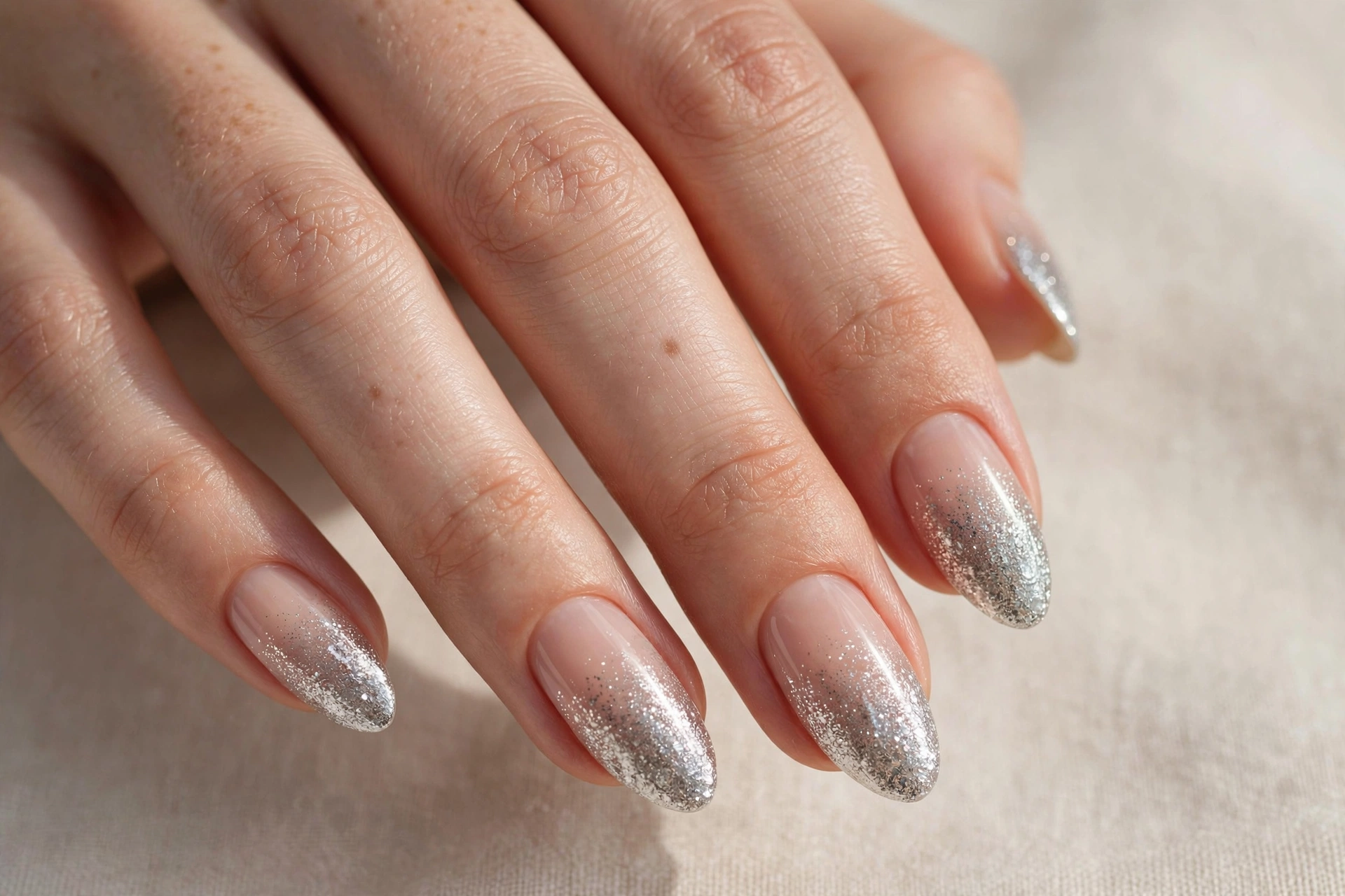 Close-up of a hand with silver glitter ombre gradient nail art