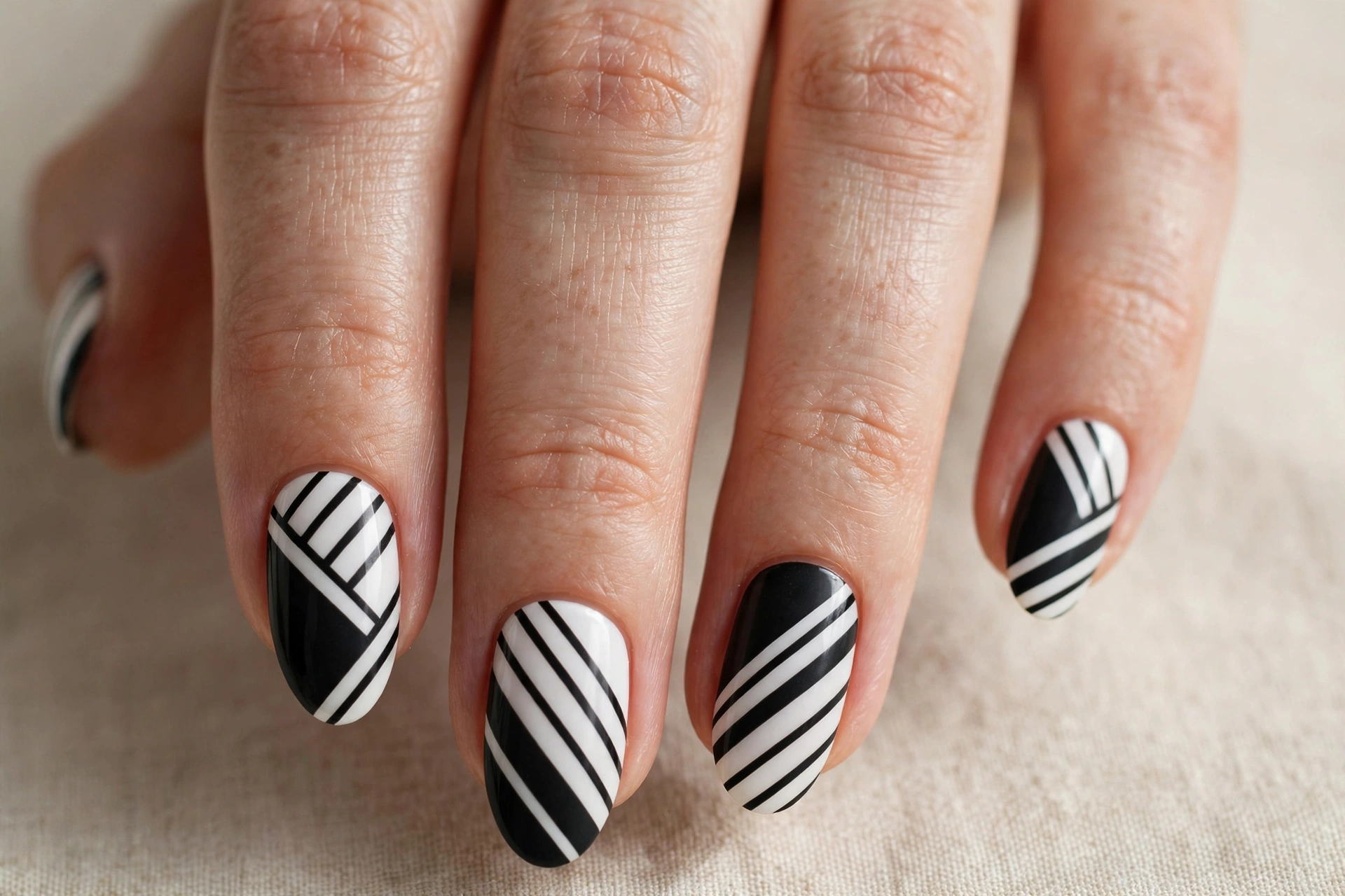 Close-up of a hand with geometric black and white diagonal line nail art