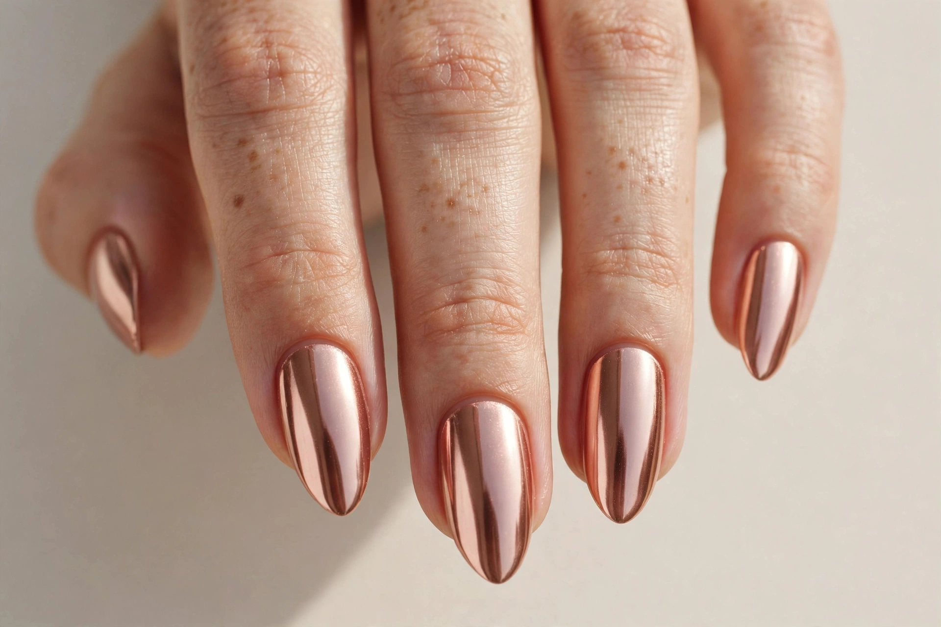 Close-up of a hand with rose gold chrome mirror-finish nails