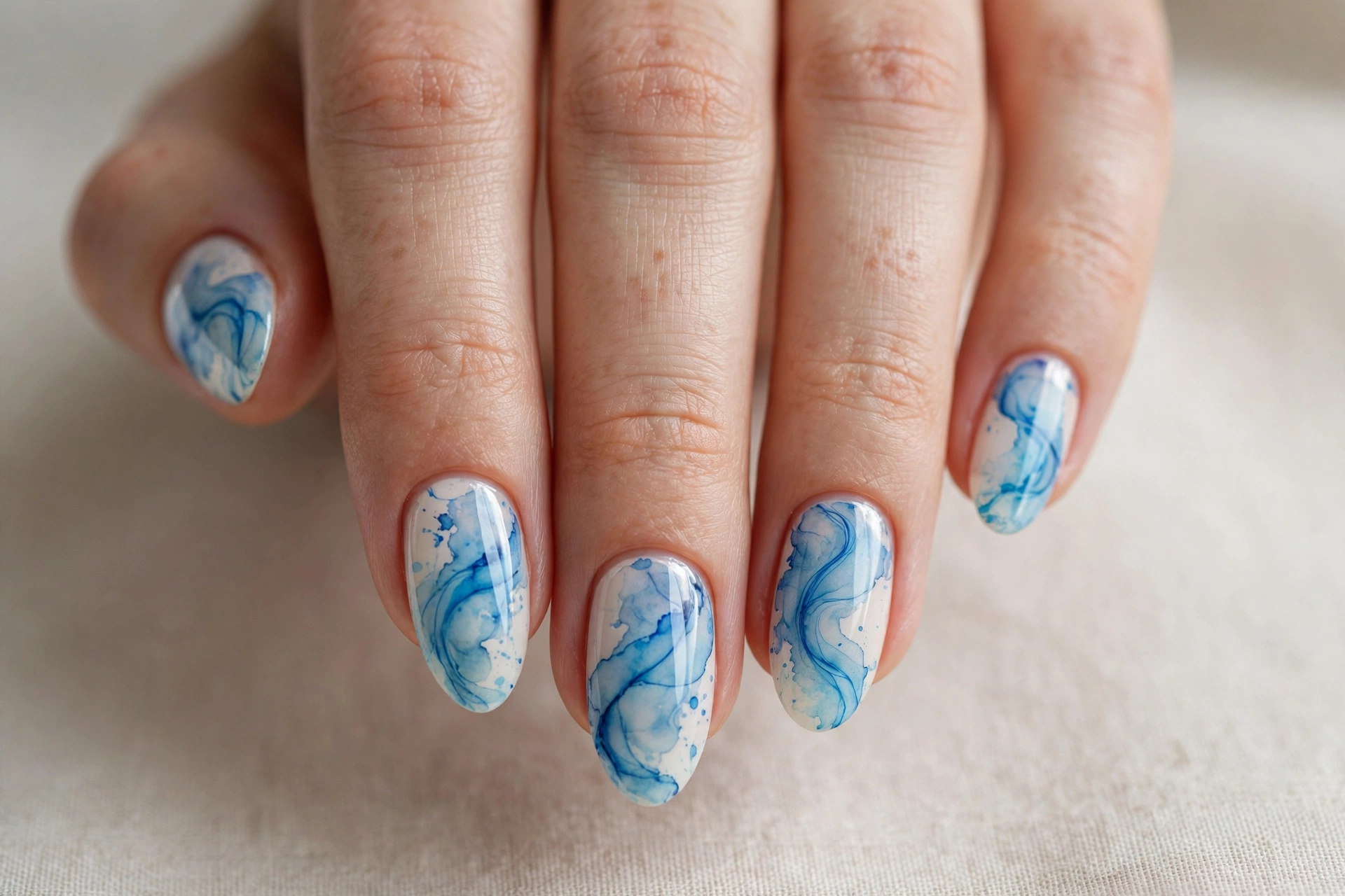 Close-up of a hand with blue watercolor swirl nail art