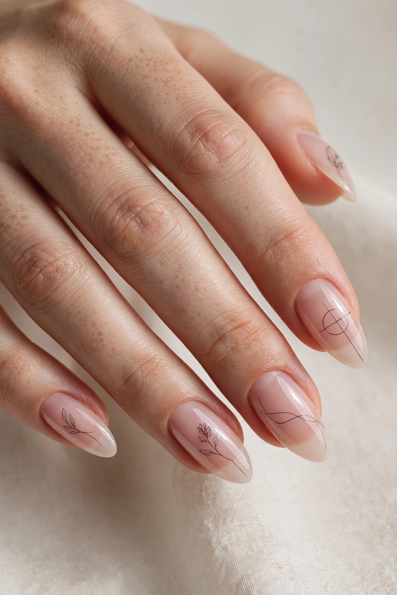 Close-up of a hand with minimalist single thin black line art on sheer pink nails