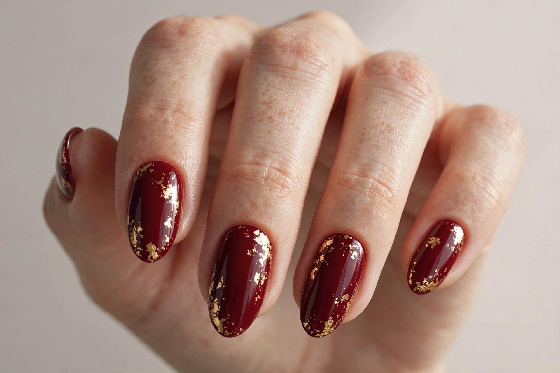 Close-up of a hand with deep burgundy nails accented with gold foil flakes