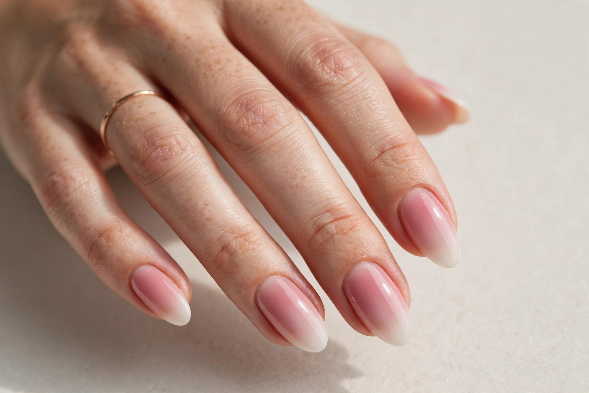 Close-up of a hand with pink blush gradient baby boomer nails