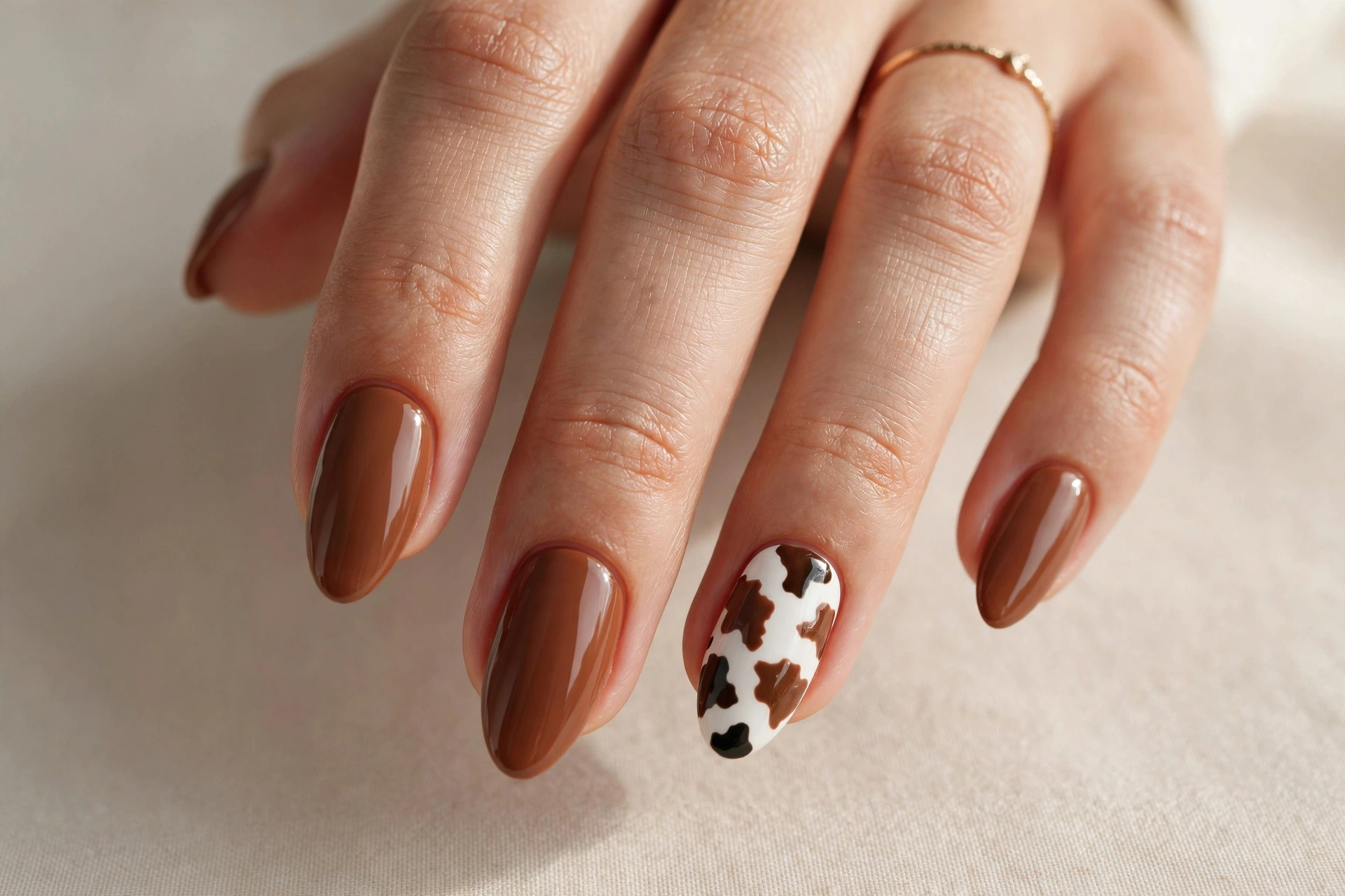 Close-up of a hand with brown and white cow print accent nail art