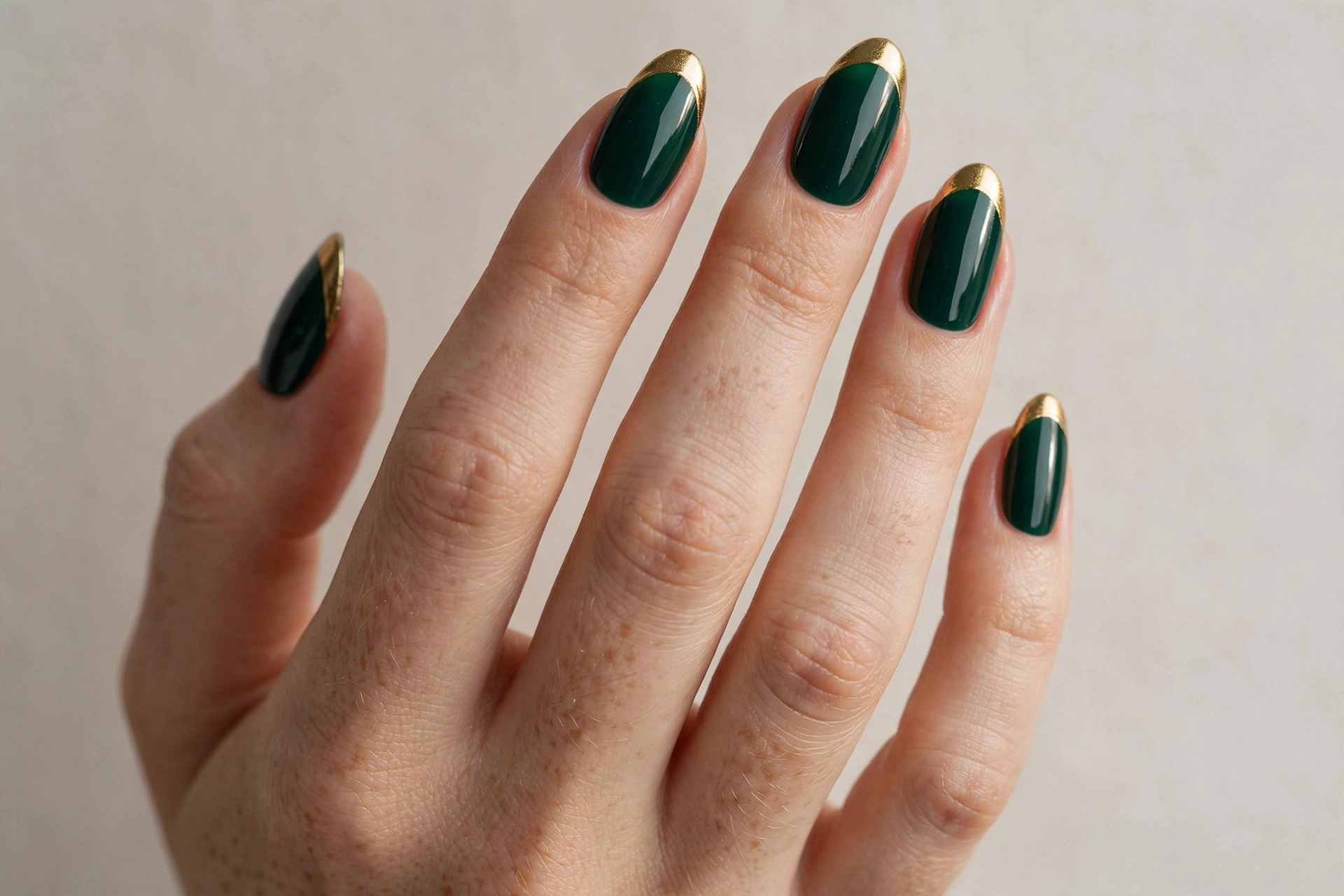 Close-up of a hand with deep emerald green nails with gold metallic tips
