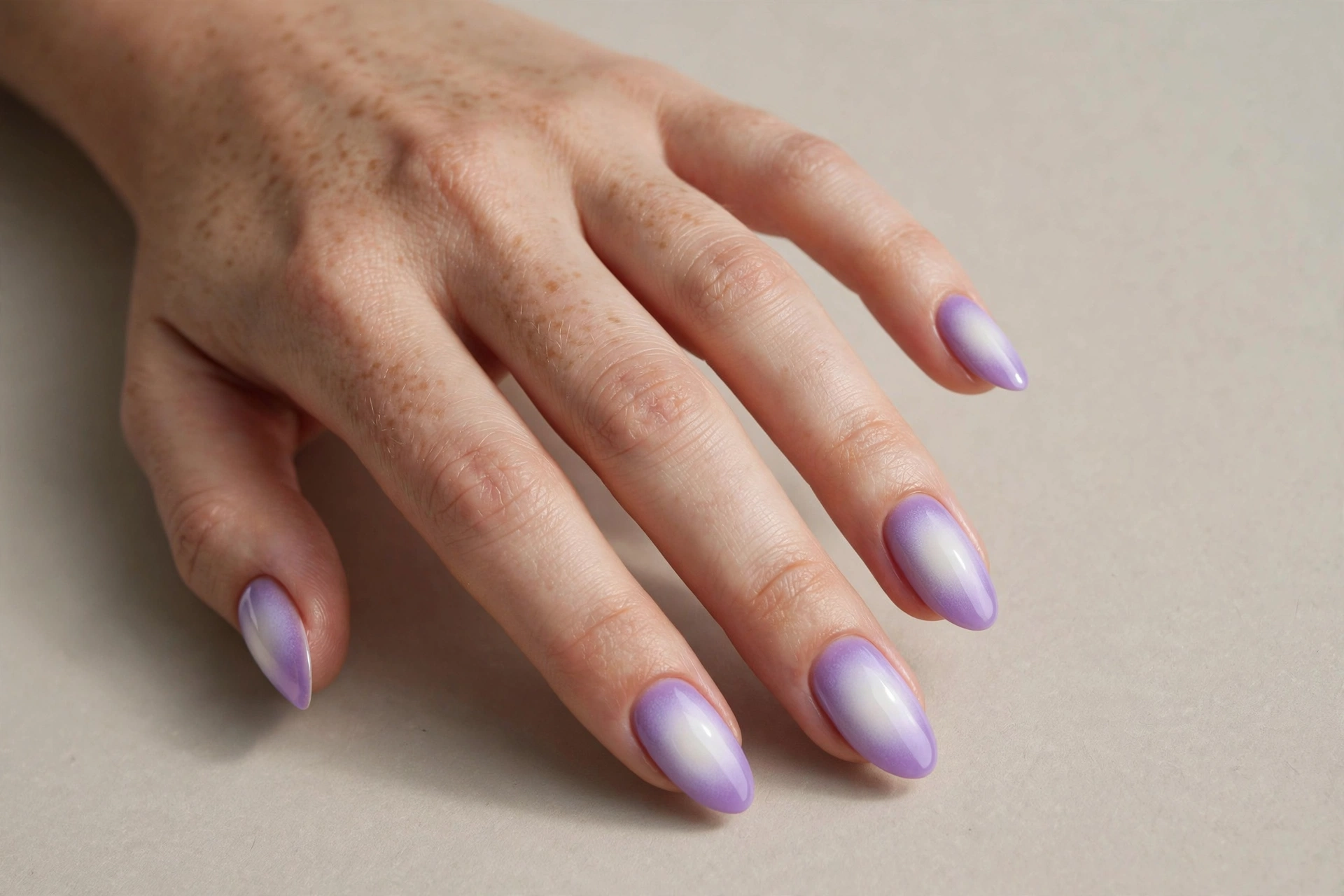 Close-up of a hand with lavender aura airbrushed nails with a soft white glow