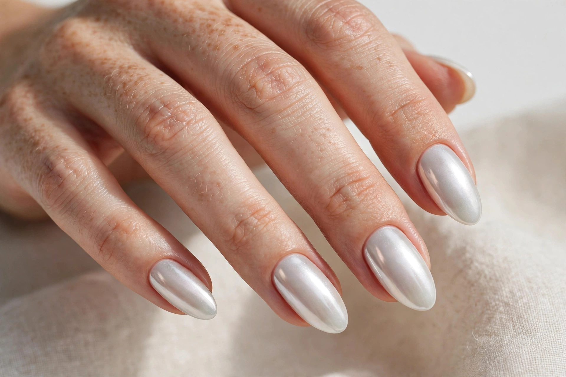 Close-up of a hand with pearl white glazed donut chrome nails