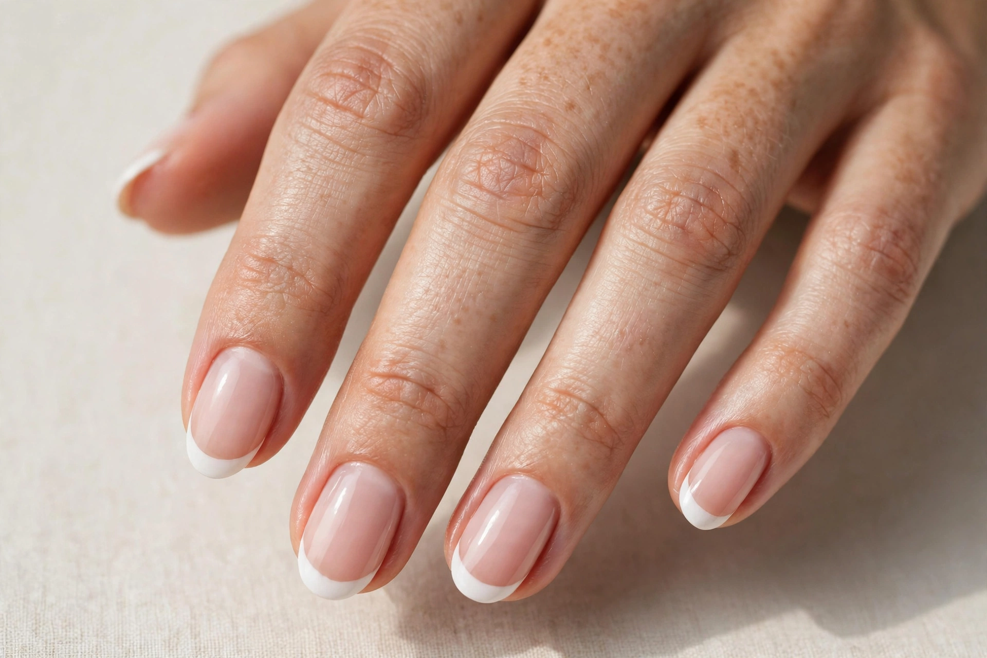 Classic French tip manicure on short nails with white tips