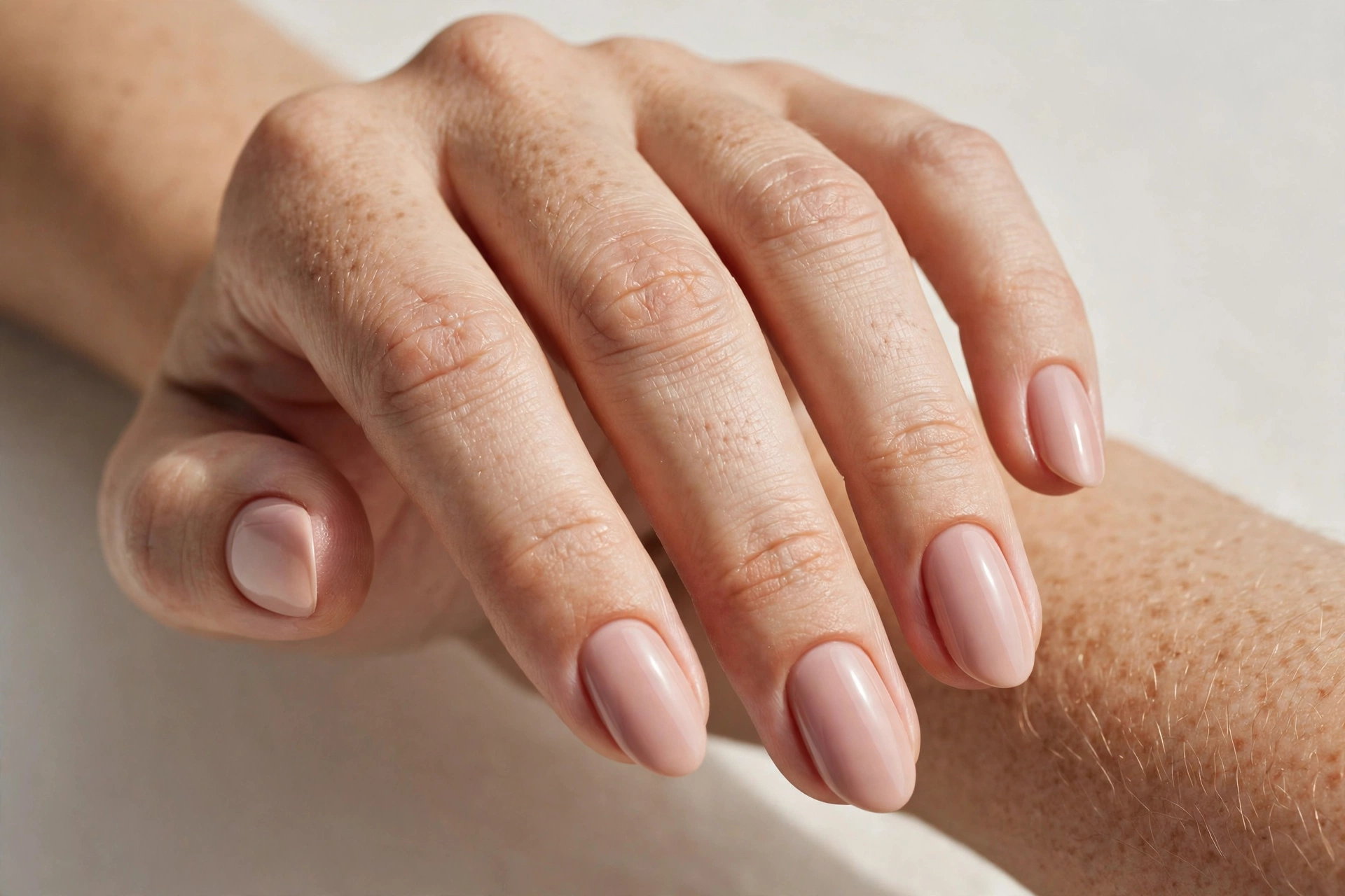 Nude pink solid polish manicure on short nails