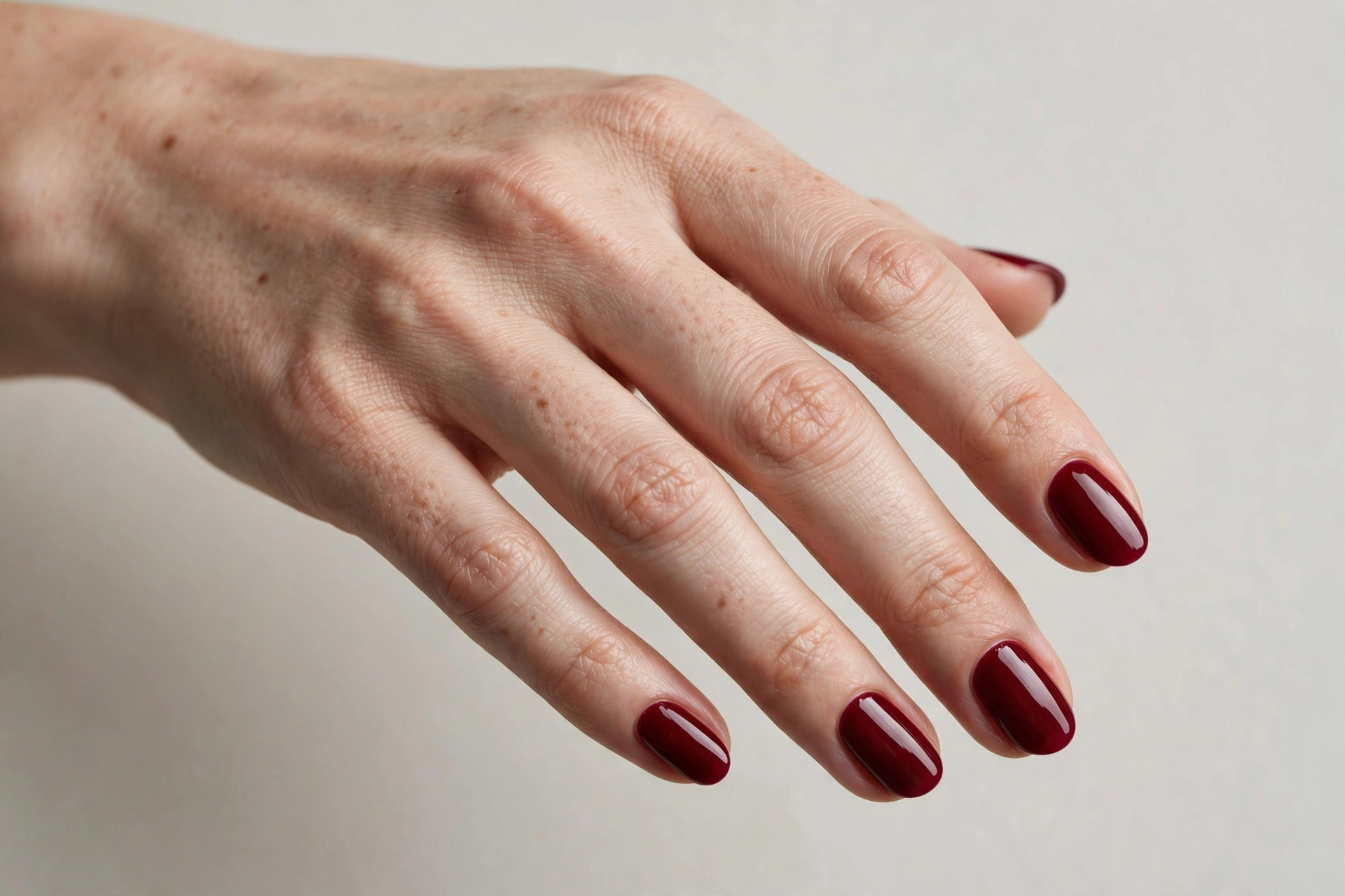 Deep burgundy red manicure on short nails