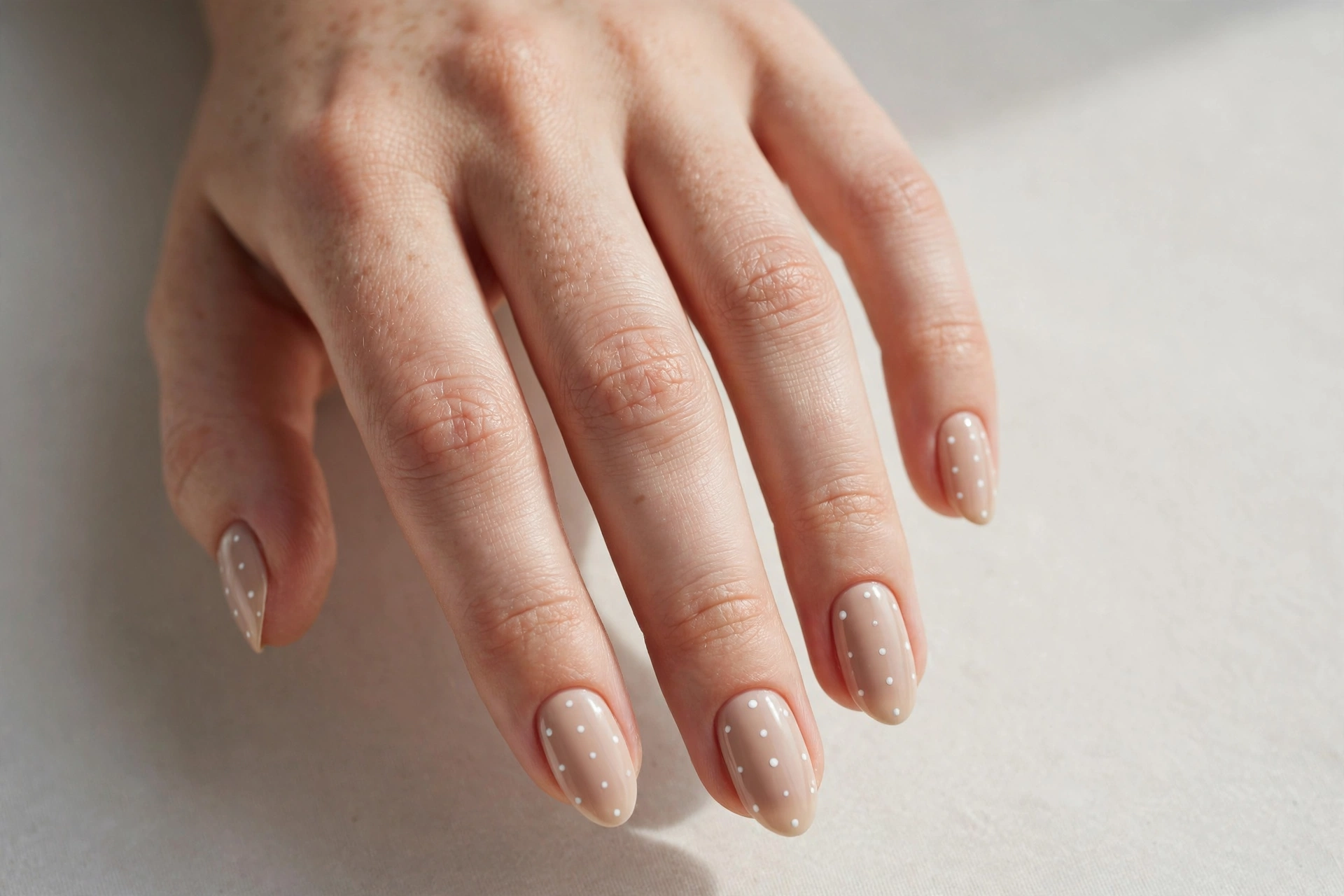 White polka dot nail art on nude base, short nails