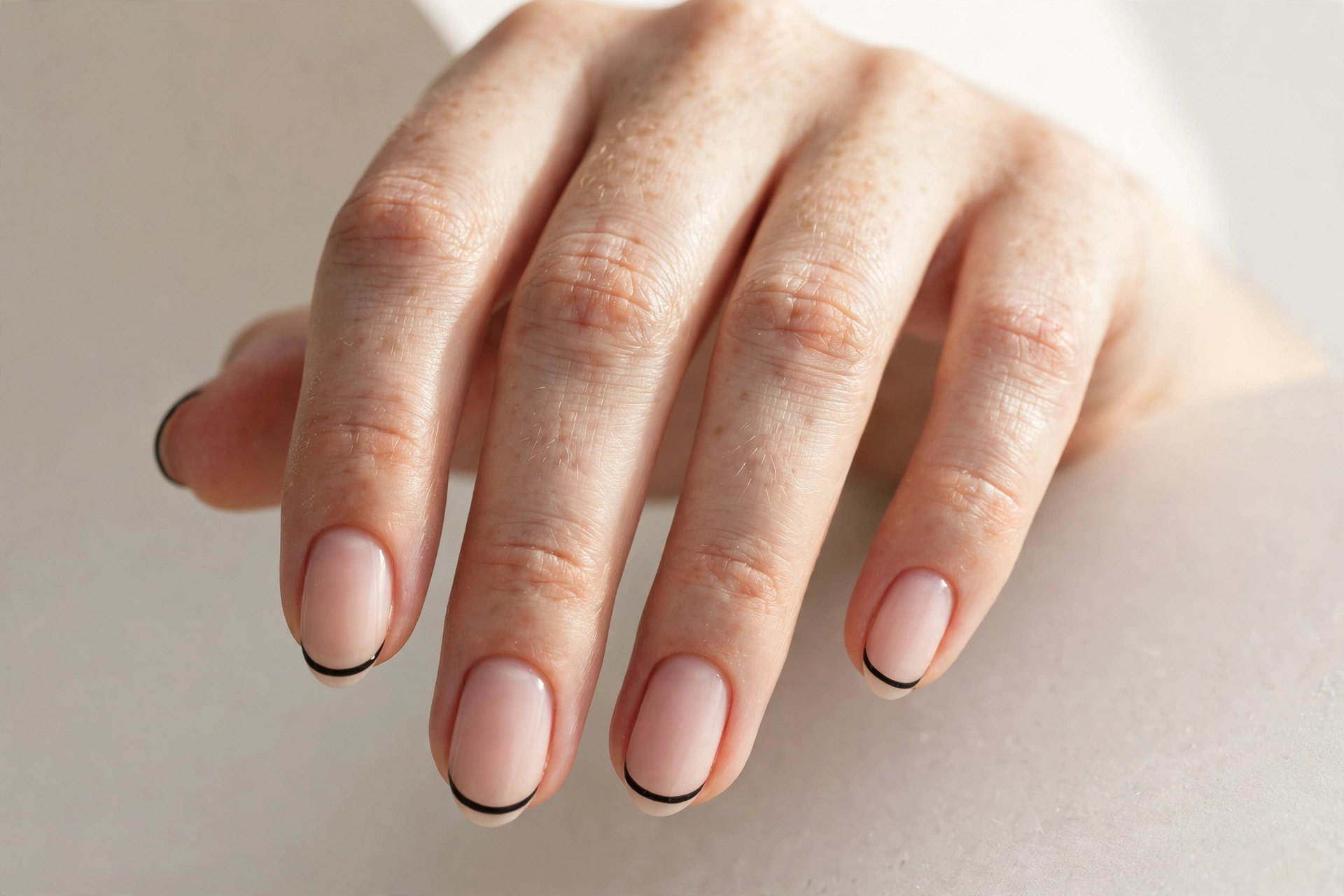 Micro French manicure with thin black tips on short nails