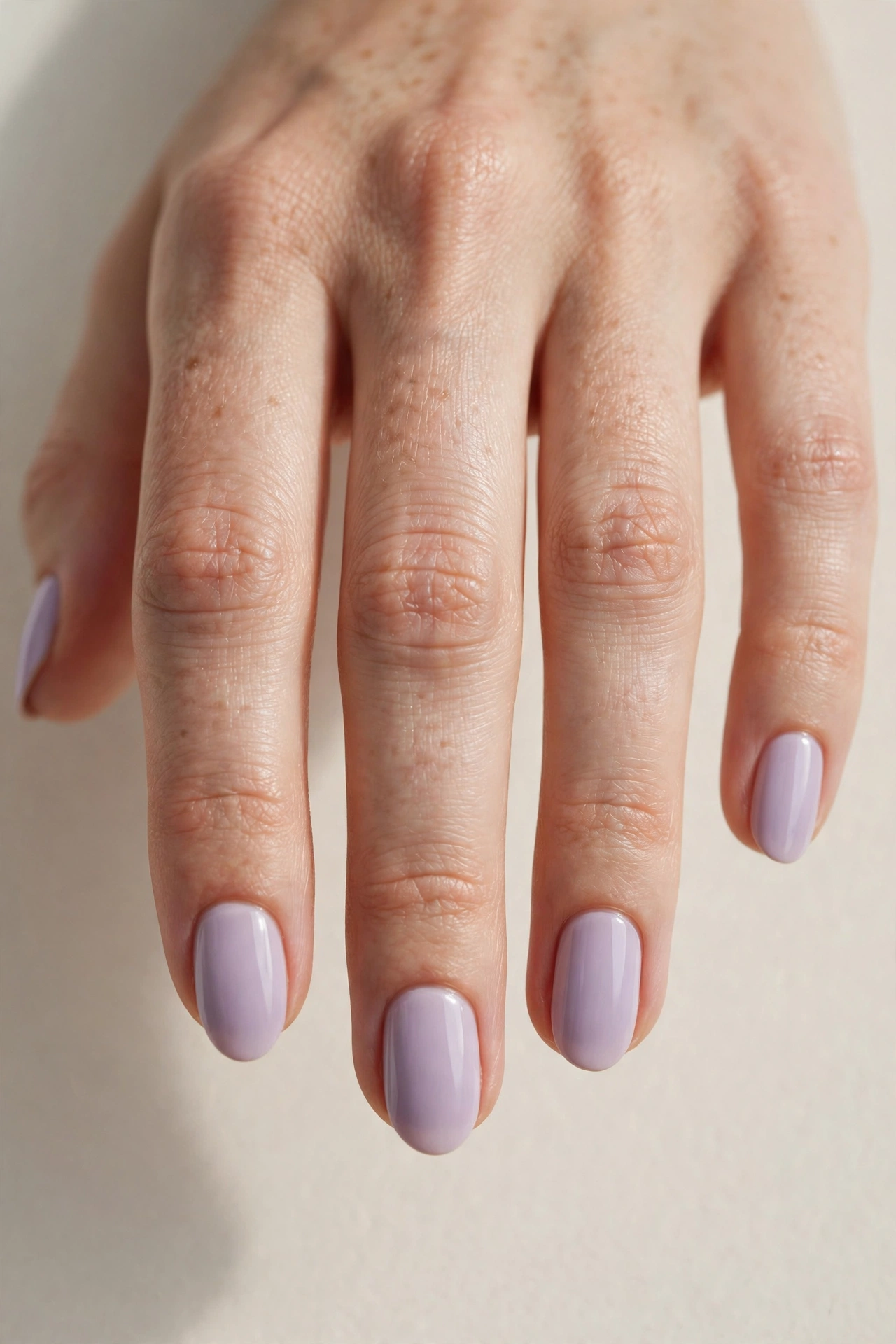 Soft lavender solid polish manicure on short nails