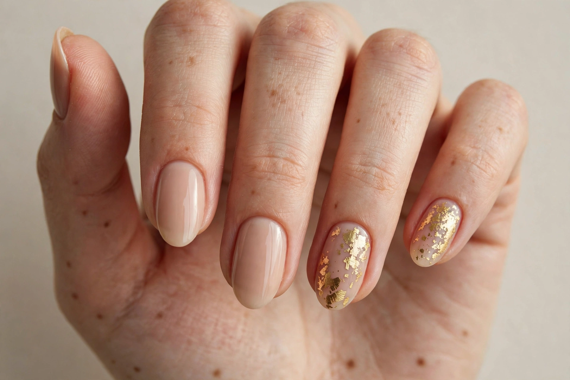 Nude manicure with gold foil accent nail art on short nails