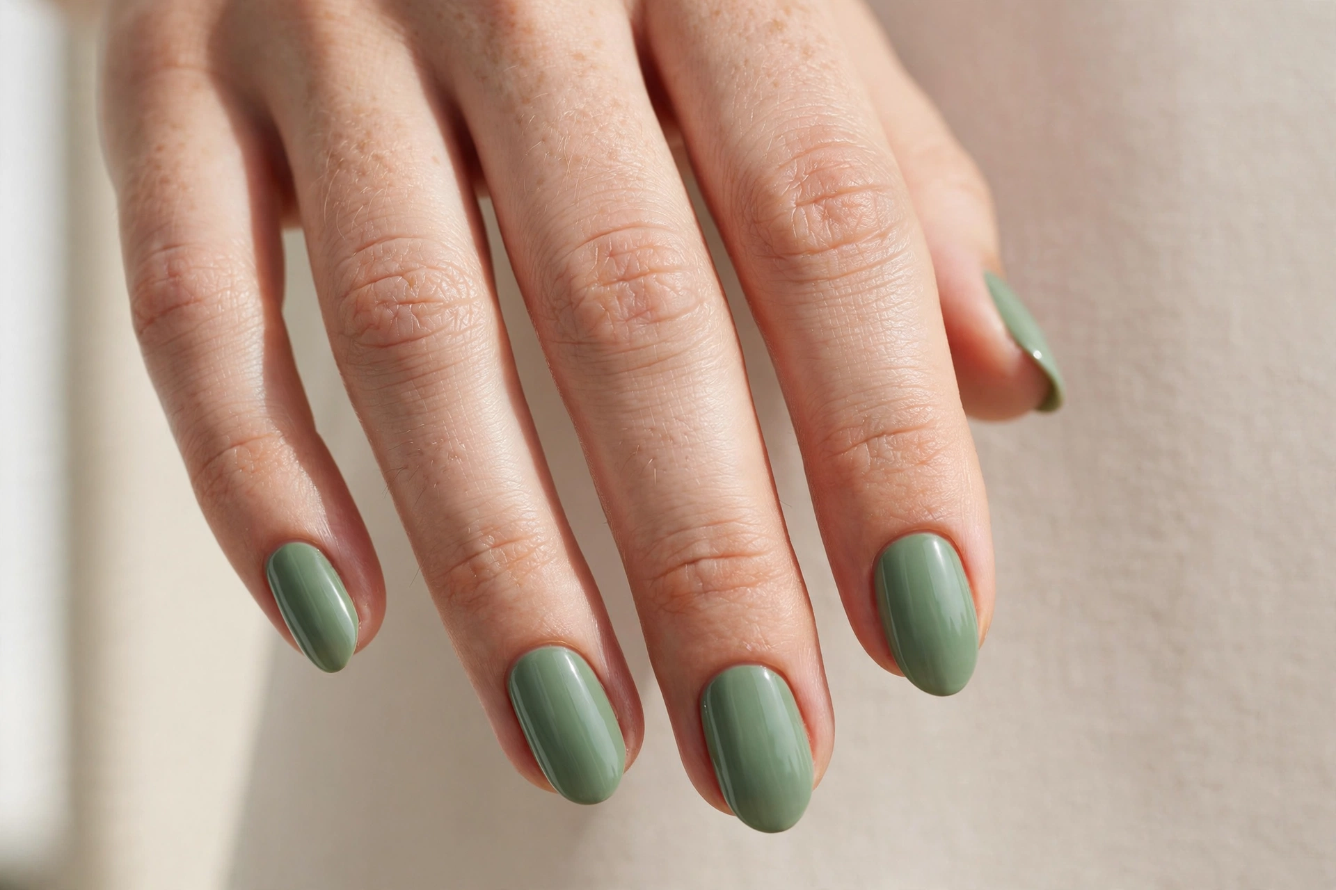 Sage green solid polish manicure on short nails